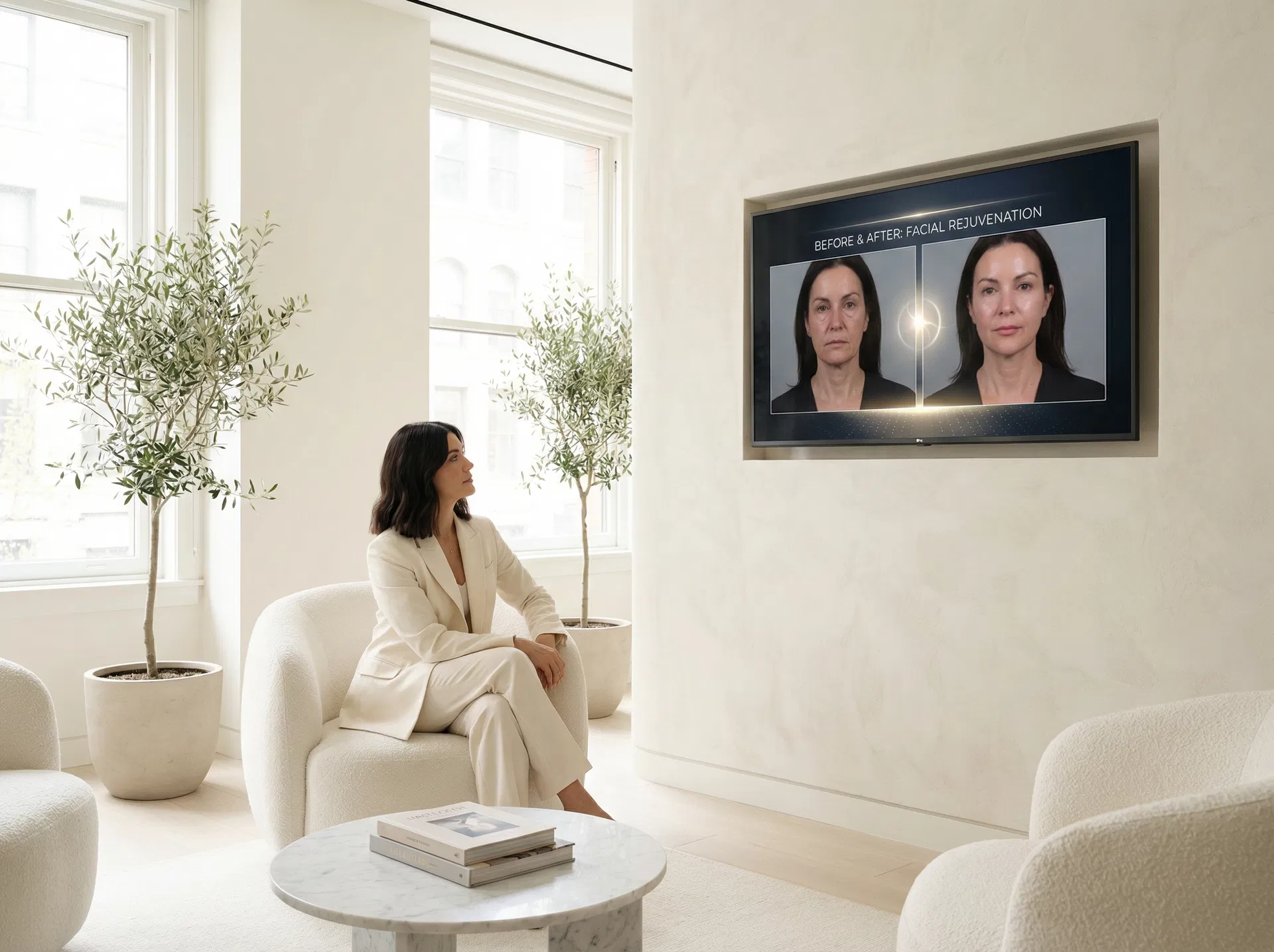Client sitting in med spa waiting room watching content on TV screen