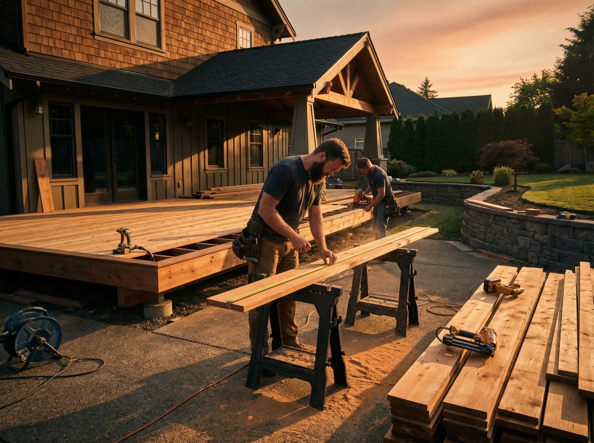 Deck construction at golden hour