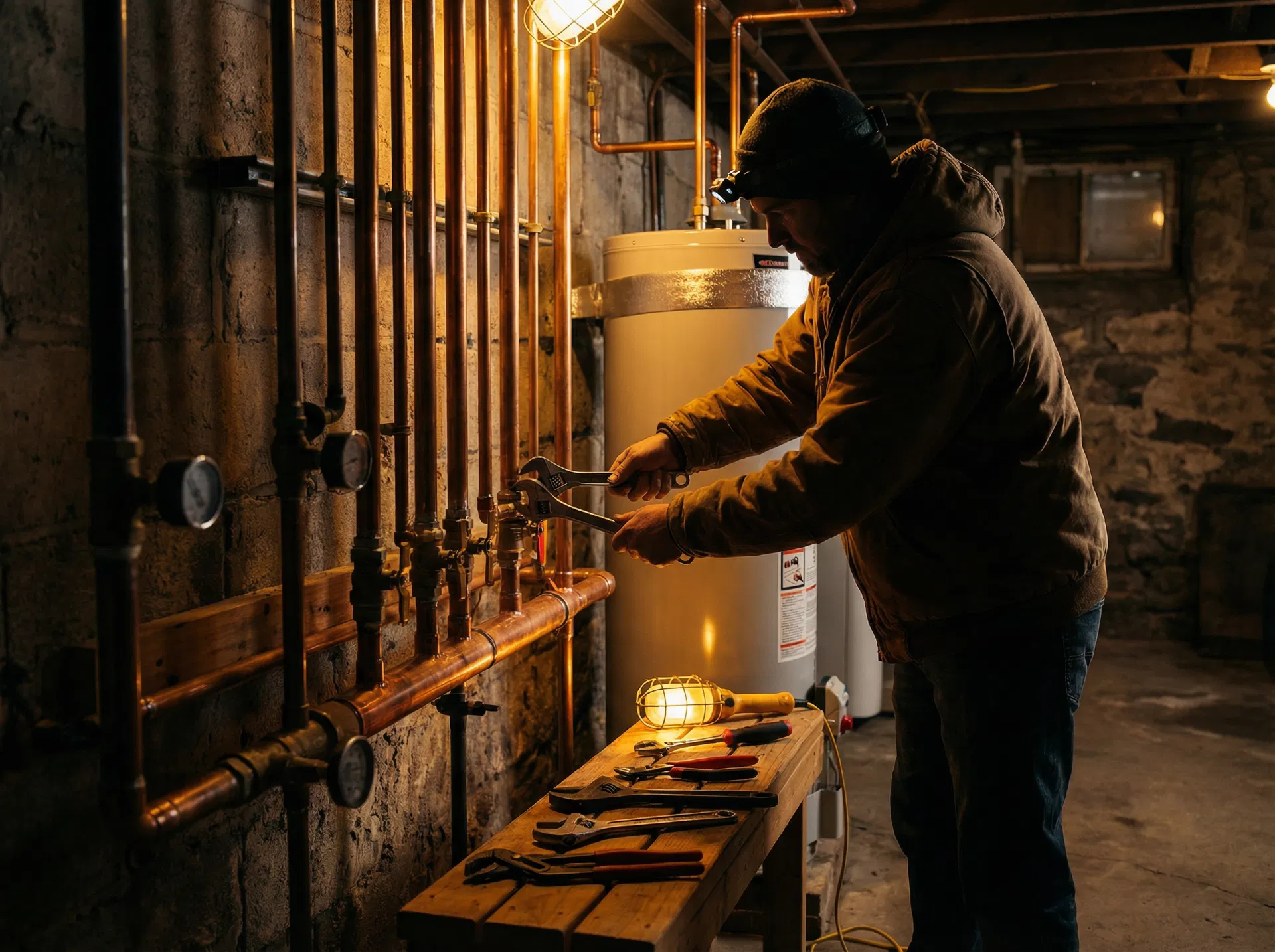 Professional plumbing work with copper pipes