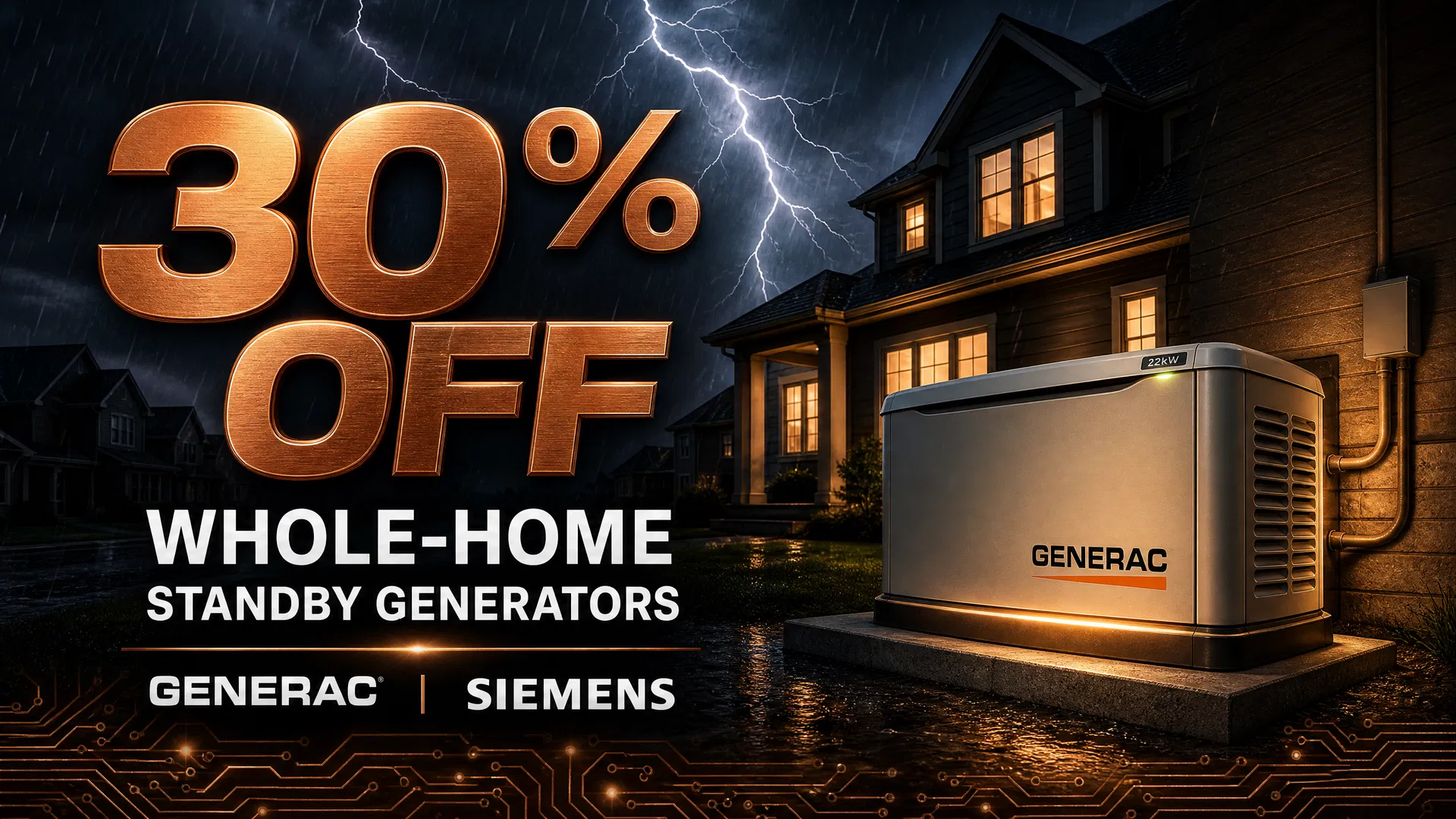 30% OFF Whole-Home Standby Generators - Generac and Siemens