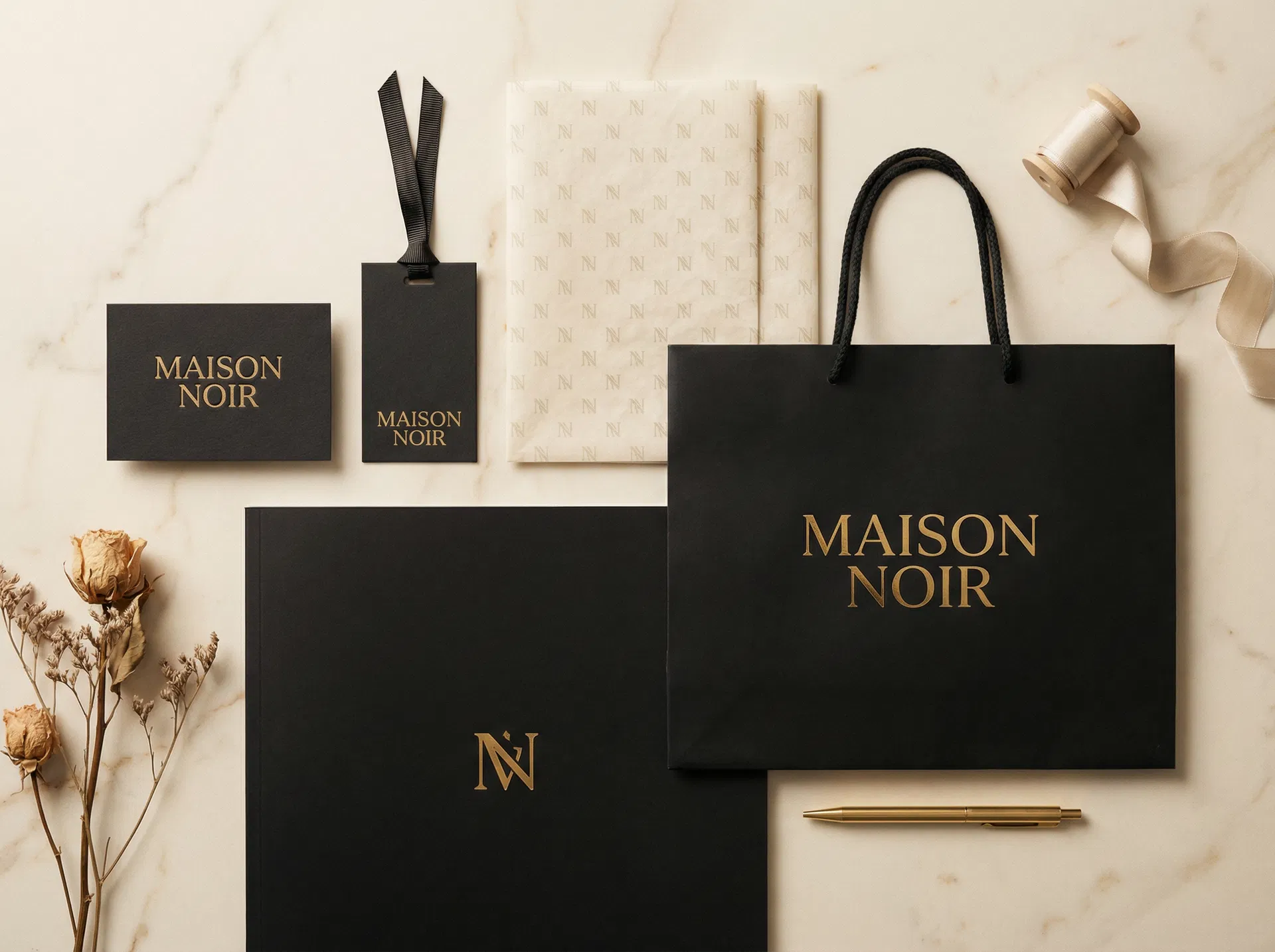 Maison Noir — complete fashion brand identity with shopping bag, hang tags, and tissue paper