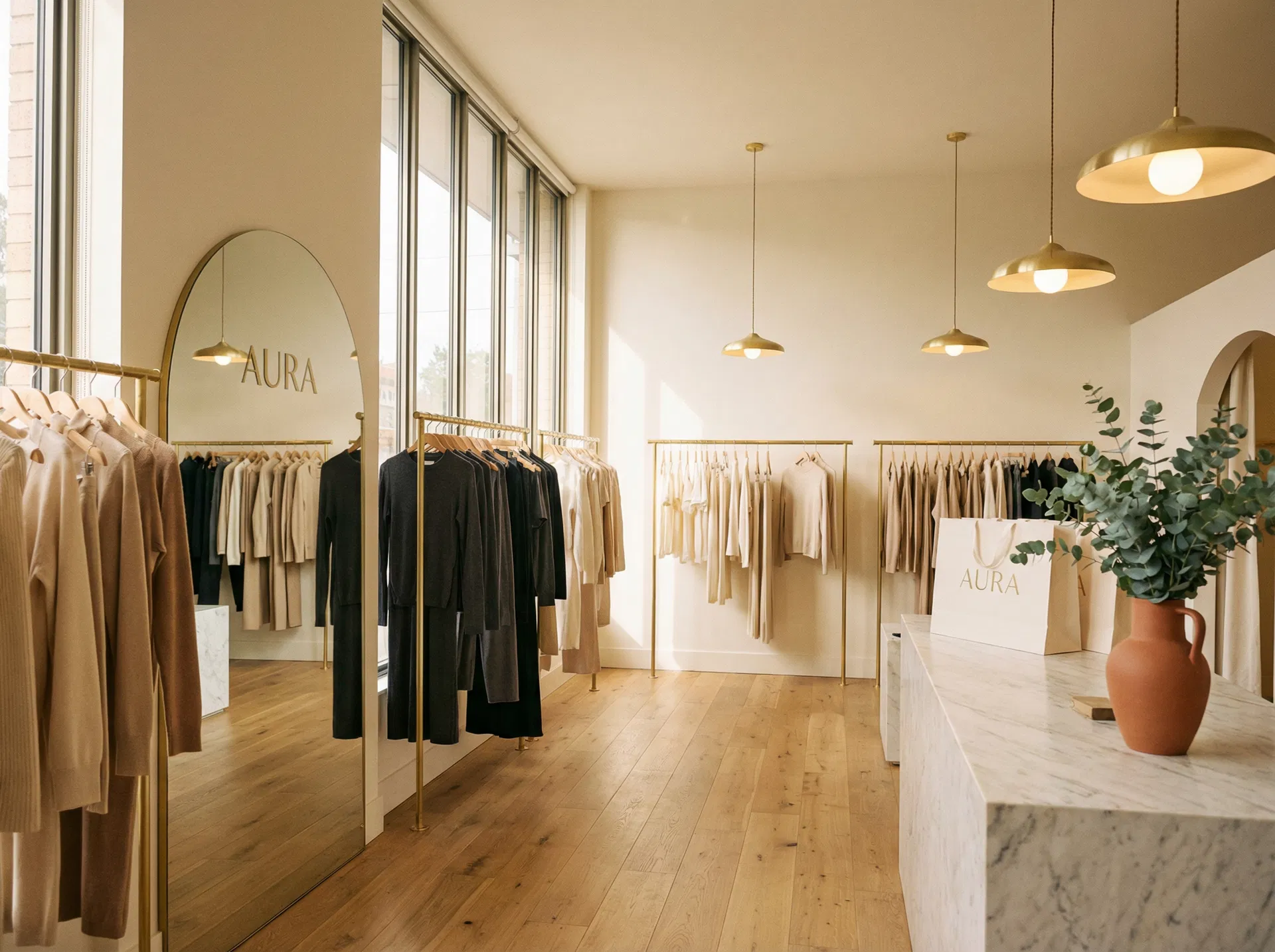 AURA boutique interior with brass clothing rails and marble counter
