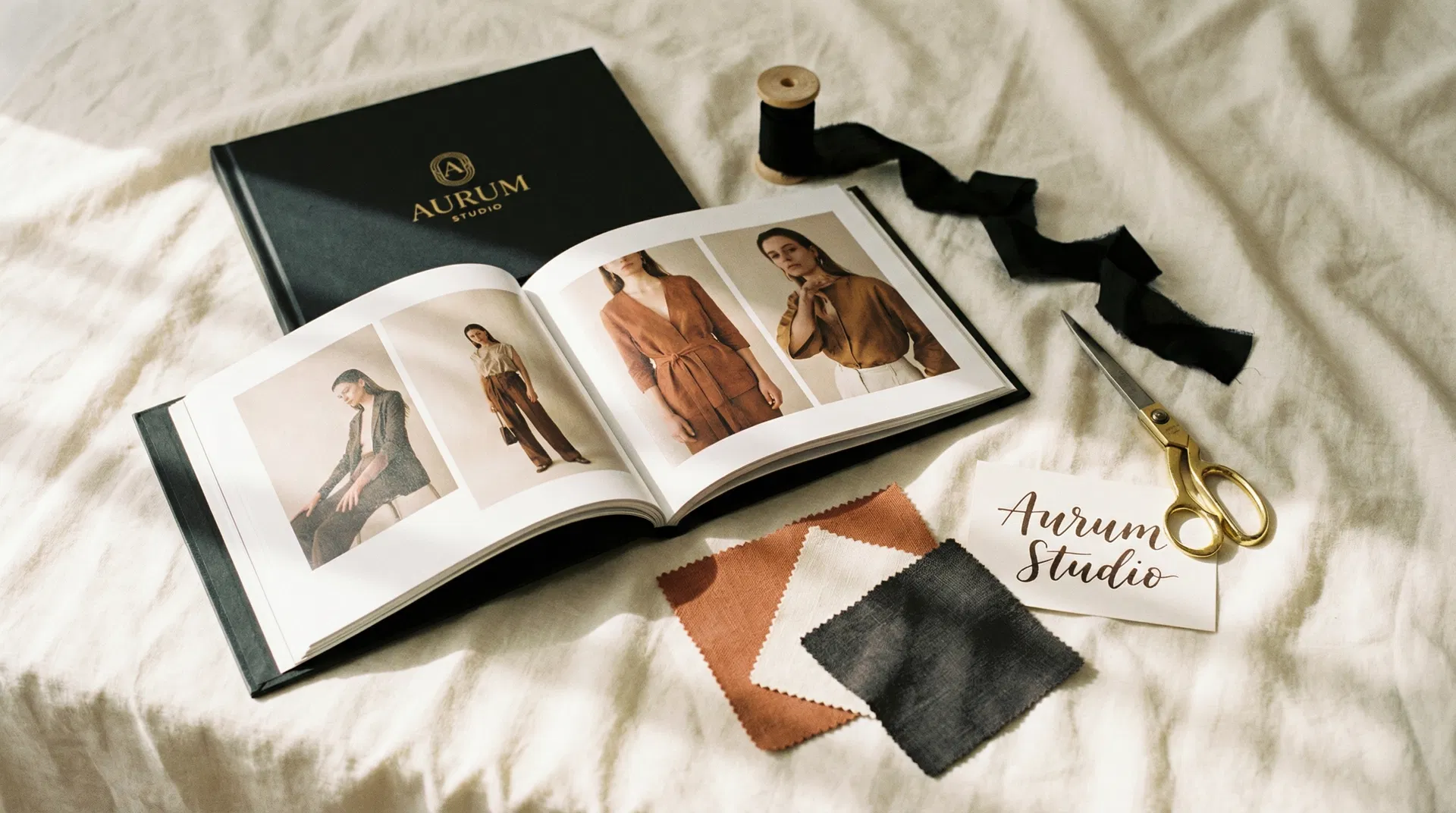 Fashion lookbook with fabric swatches and editorial spread