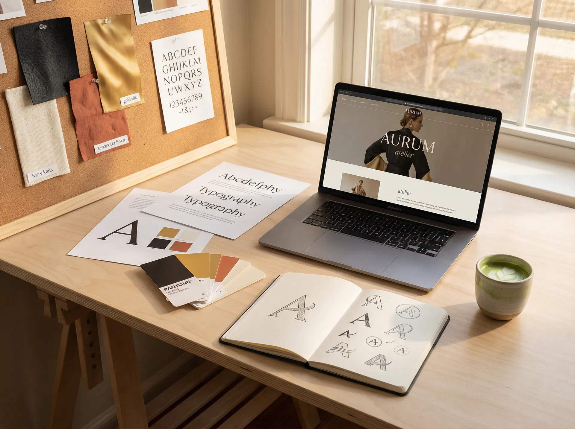 Fashion branding design process workspace with mood boards and logo sketches