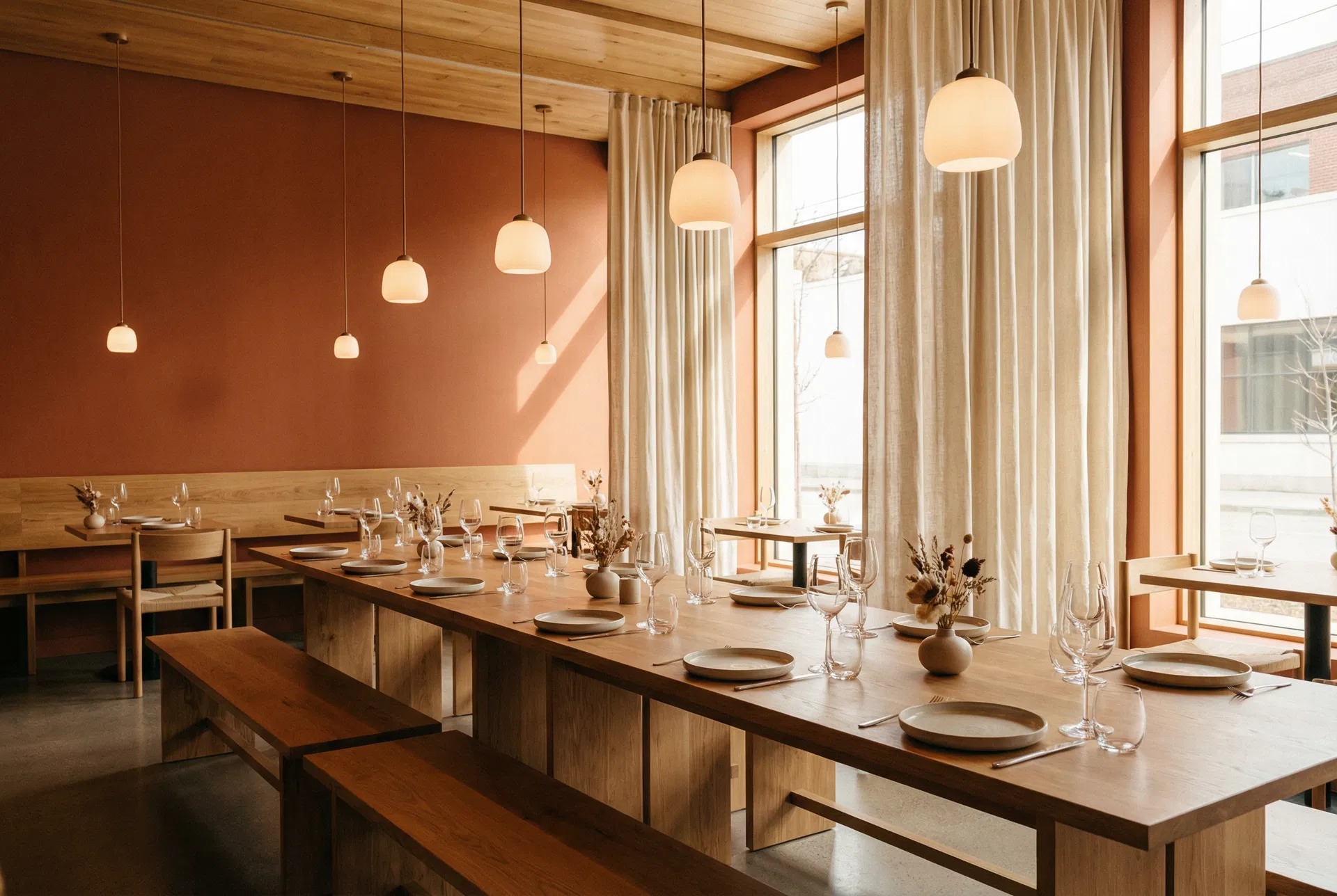 Restaurant interior with warm terracotta walls and natural wood