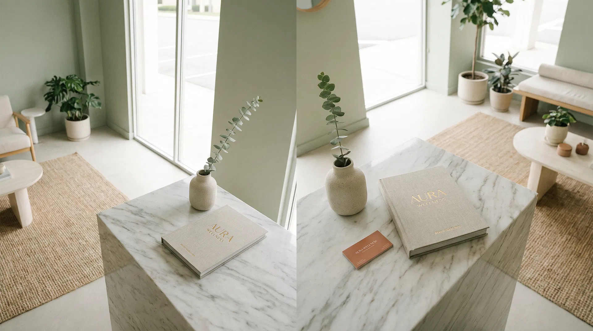 Premium wellness clinic reception with brand guidelines