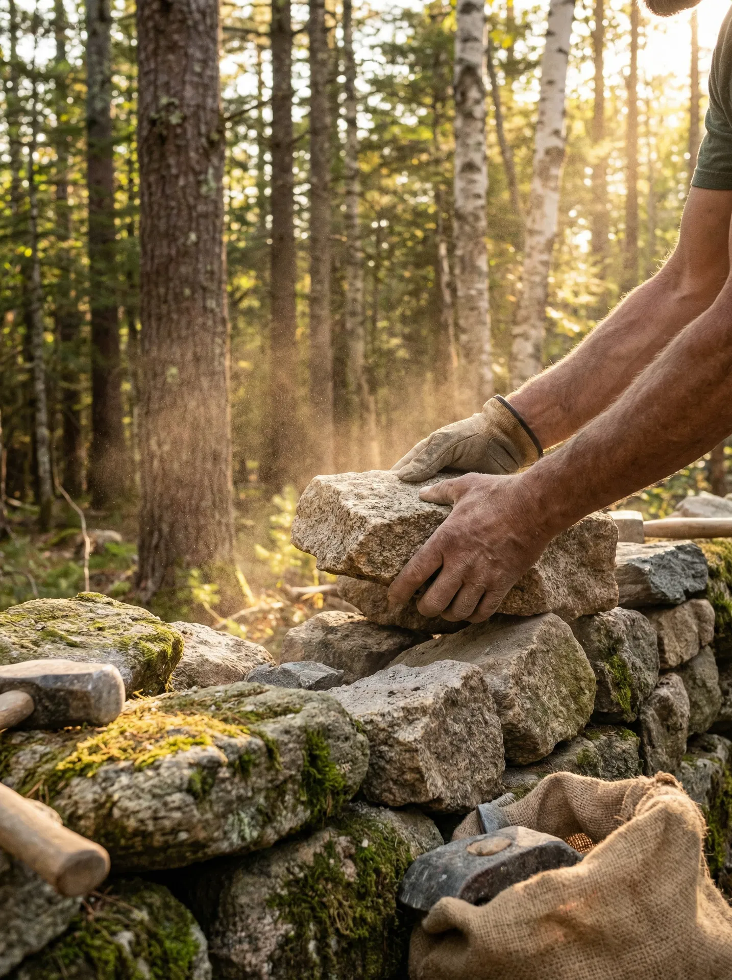 Stone mason crafting a wall
