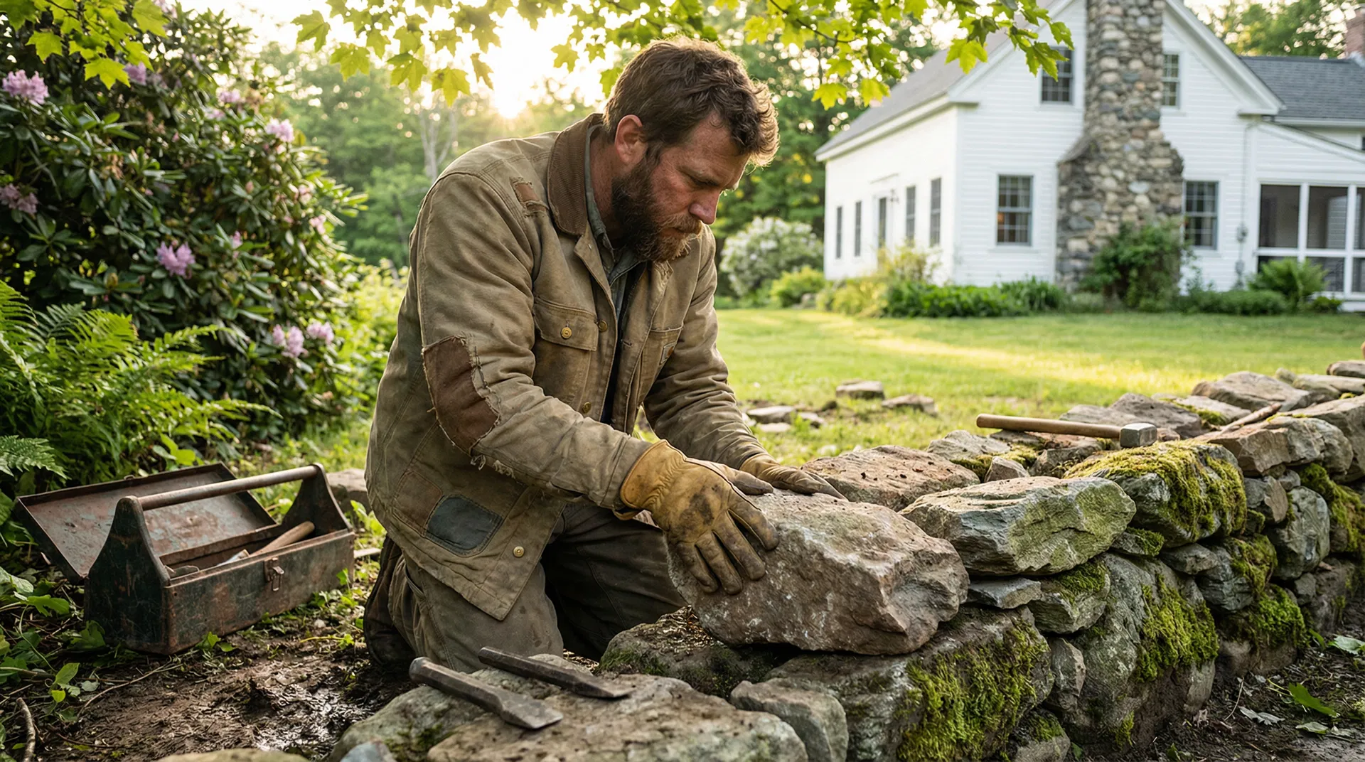 Jonathan Farrar crafting a stone wall in a New England garden