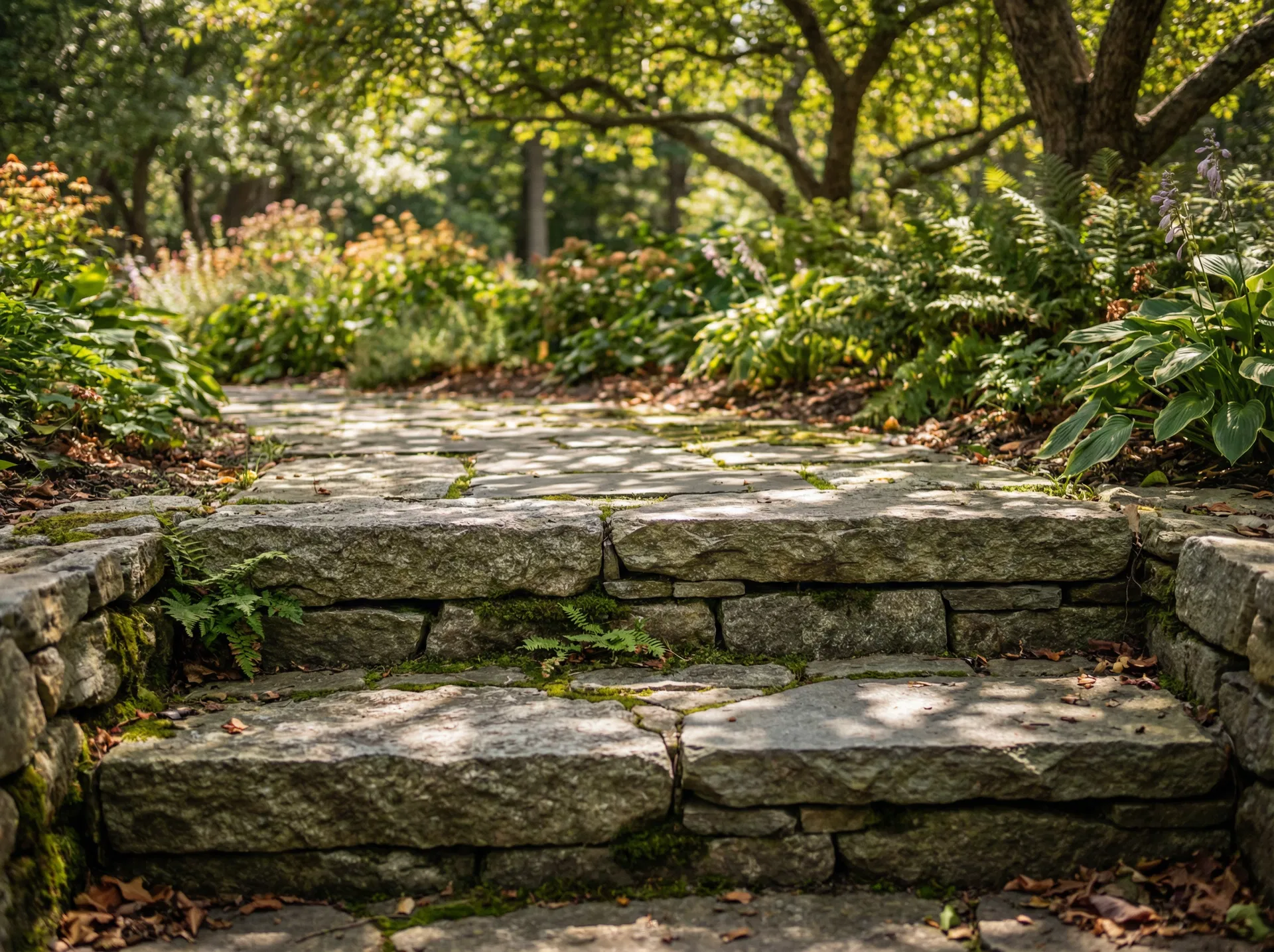 Natural stone walkway and steps surrounded by lush garden
