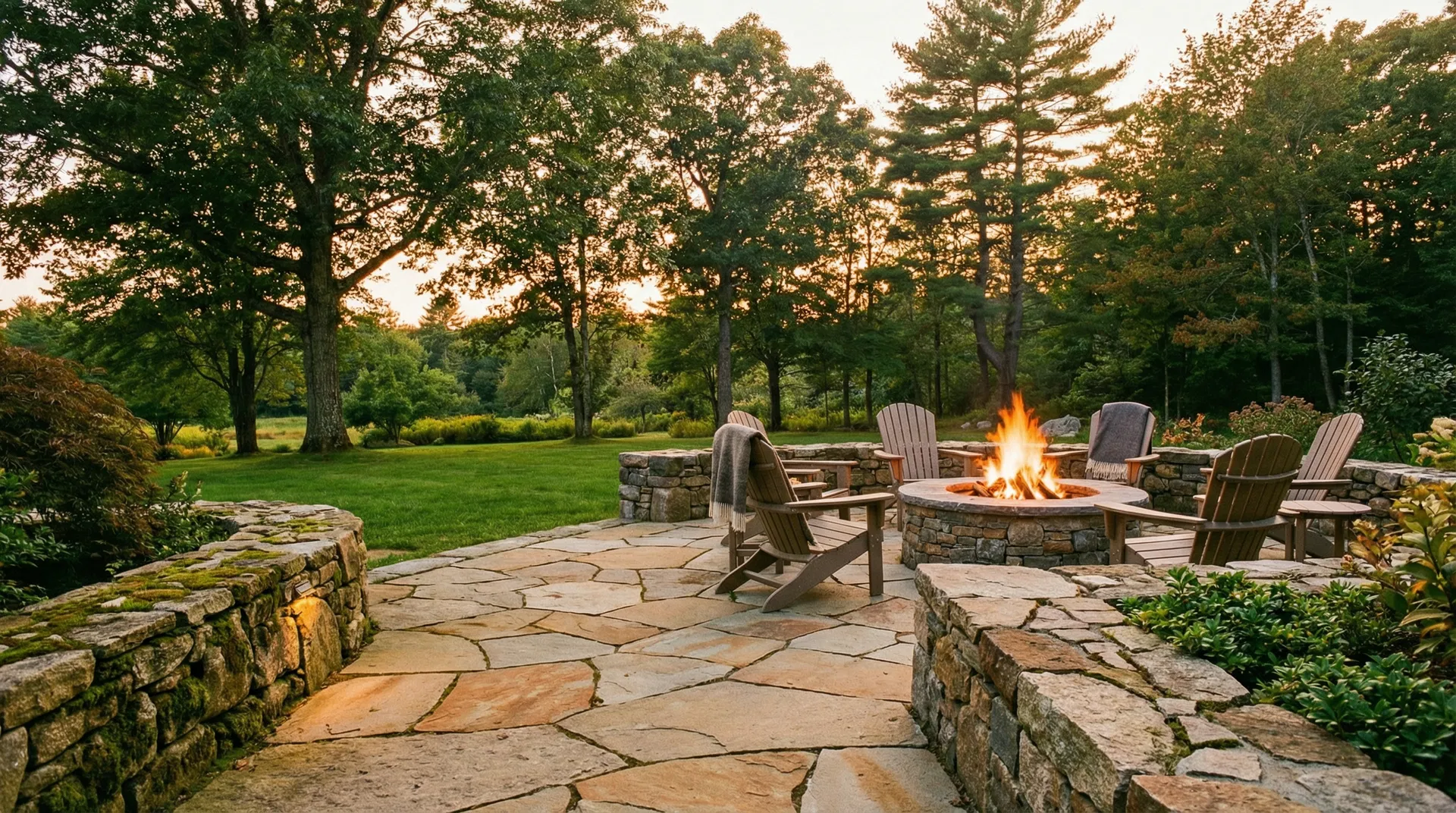 Luxury stone patio with firepit at golden hour