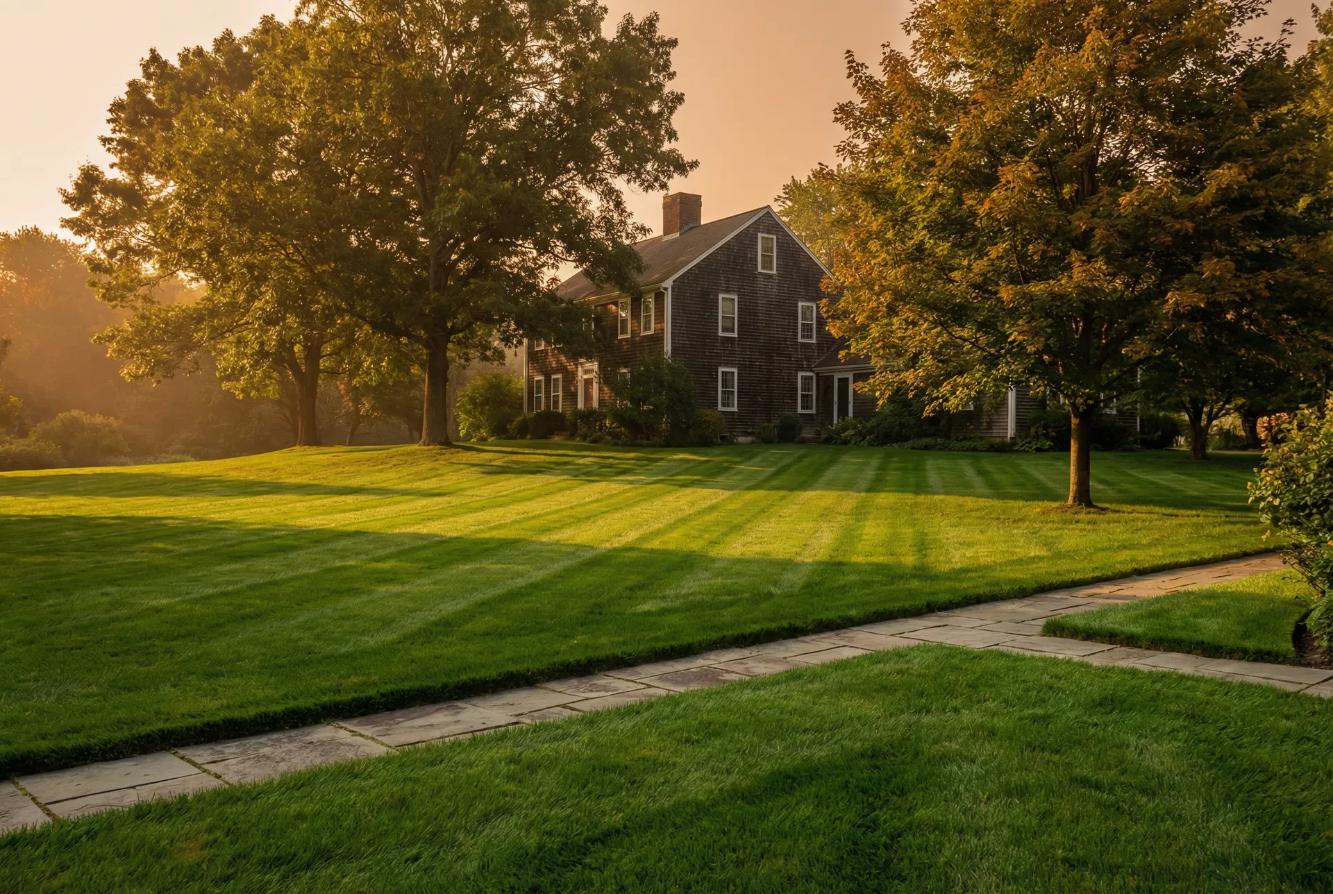 Lush, perfectly mowed residential lawn with crisp mowing stripes in Southern Maine golden hour light