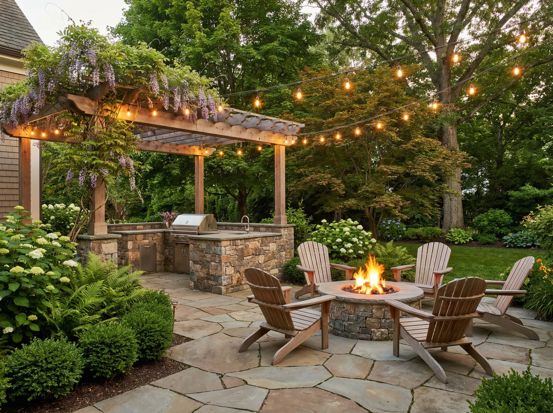 Outdoor patio space with outdoor kitchen and firepit