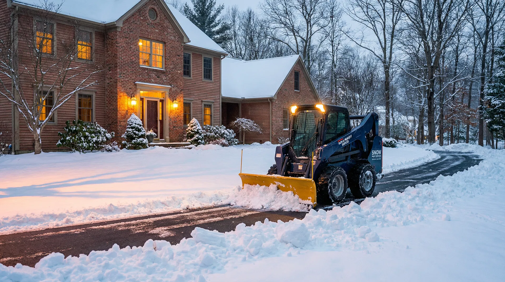 Professional snow removal service clearing a residential driveway in New England winter