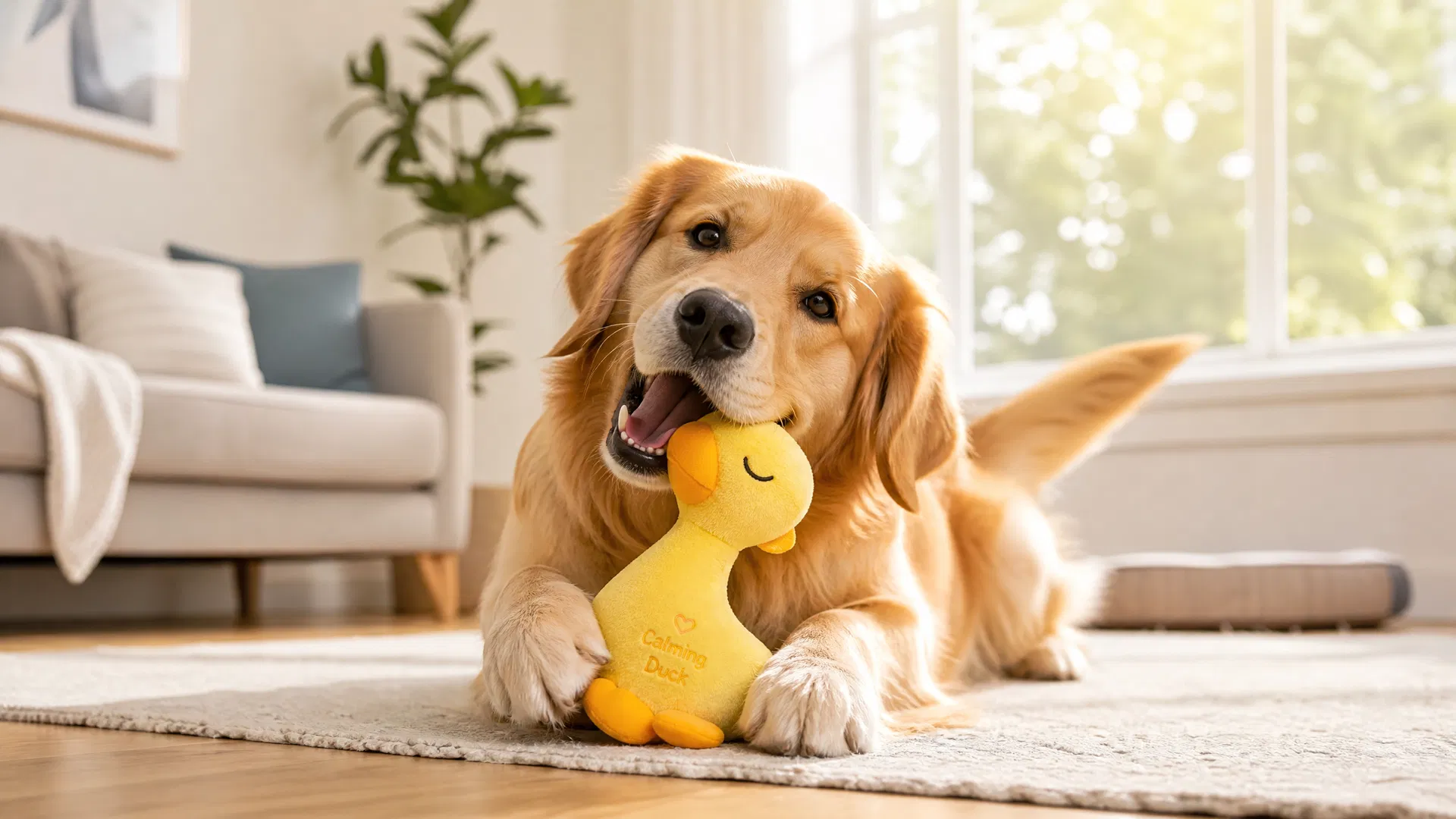 Cão feliz com Calming Duck
