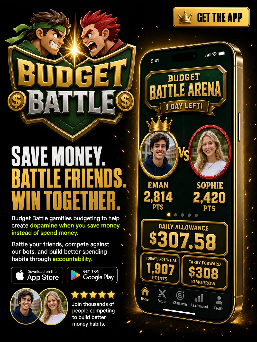 Budget Battle — Save Money. Battle Friends. Win Together. Eman vs Sophie battle arena.