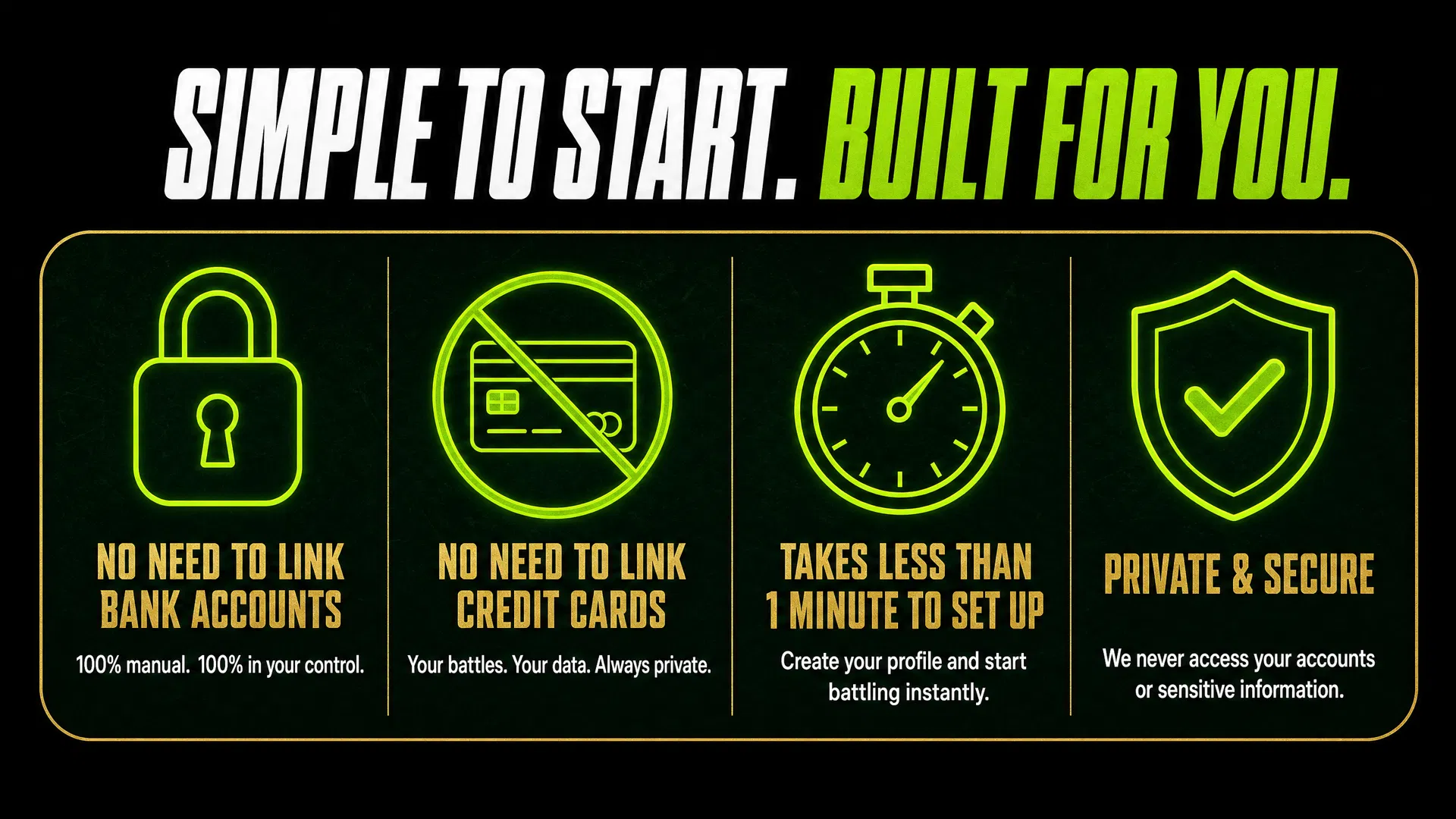 Simple to start. Built for you. No bank accounts. No credit cards. Less than 1 minute to set up. Private and secure.