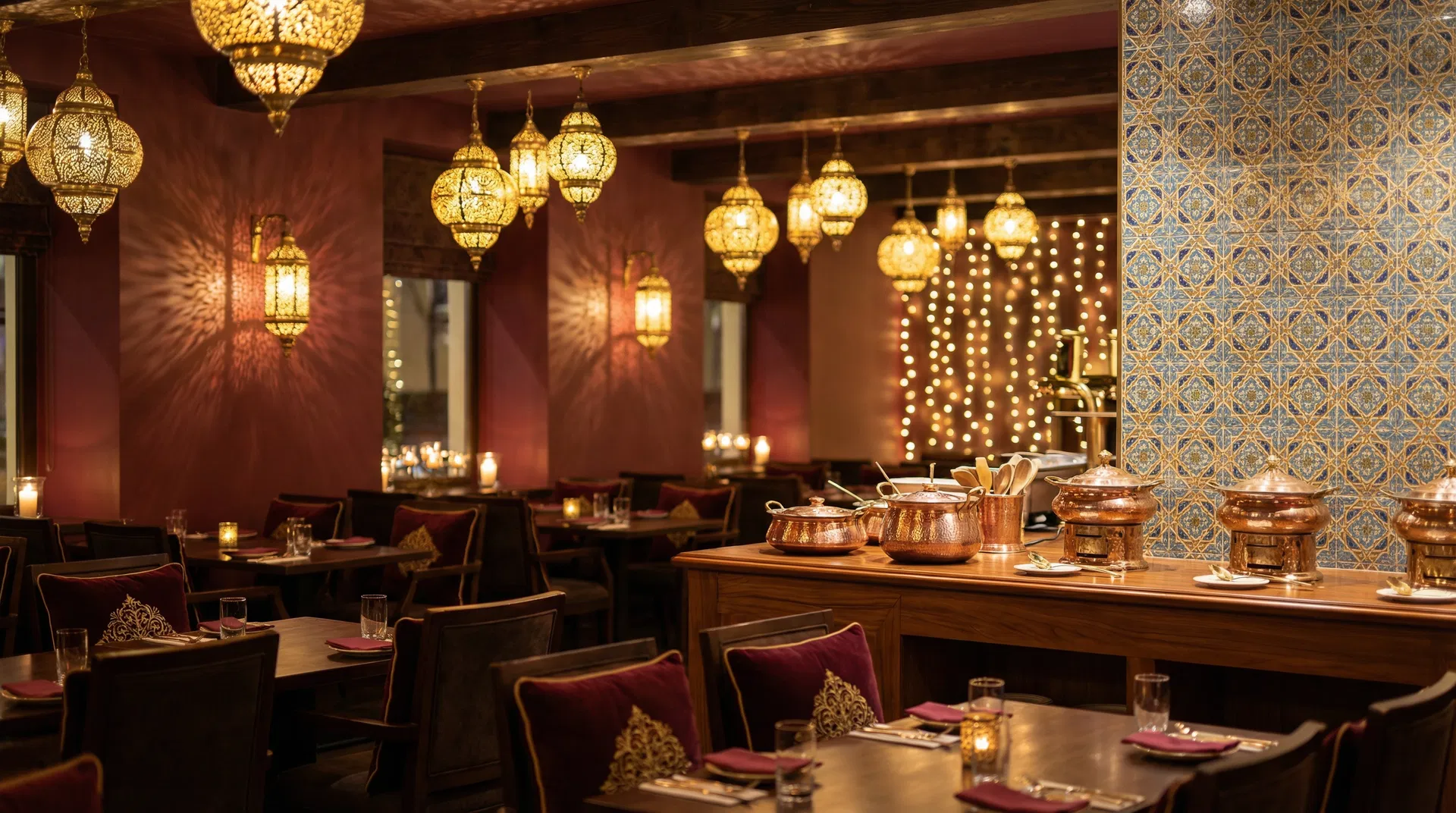 Warm restaurant ambiance with brass lanterns