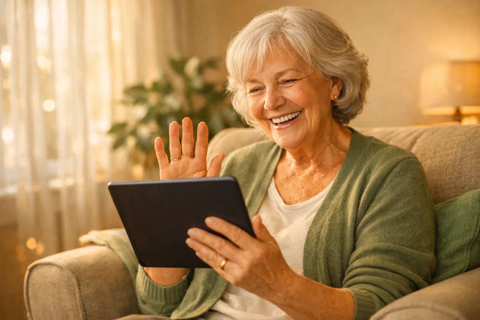 Senior woman happily video calling on a tablet