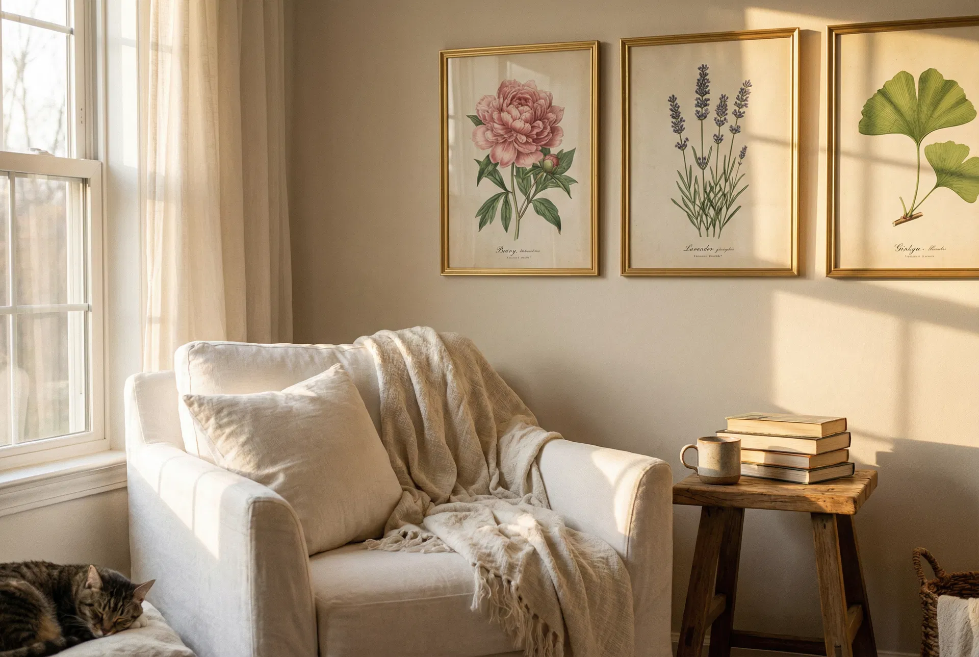 Botanical wall art in a cozy reading nook