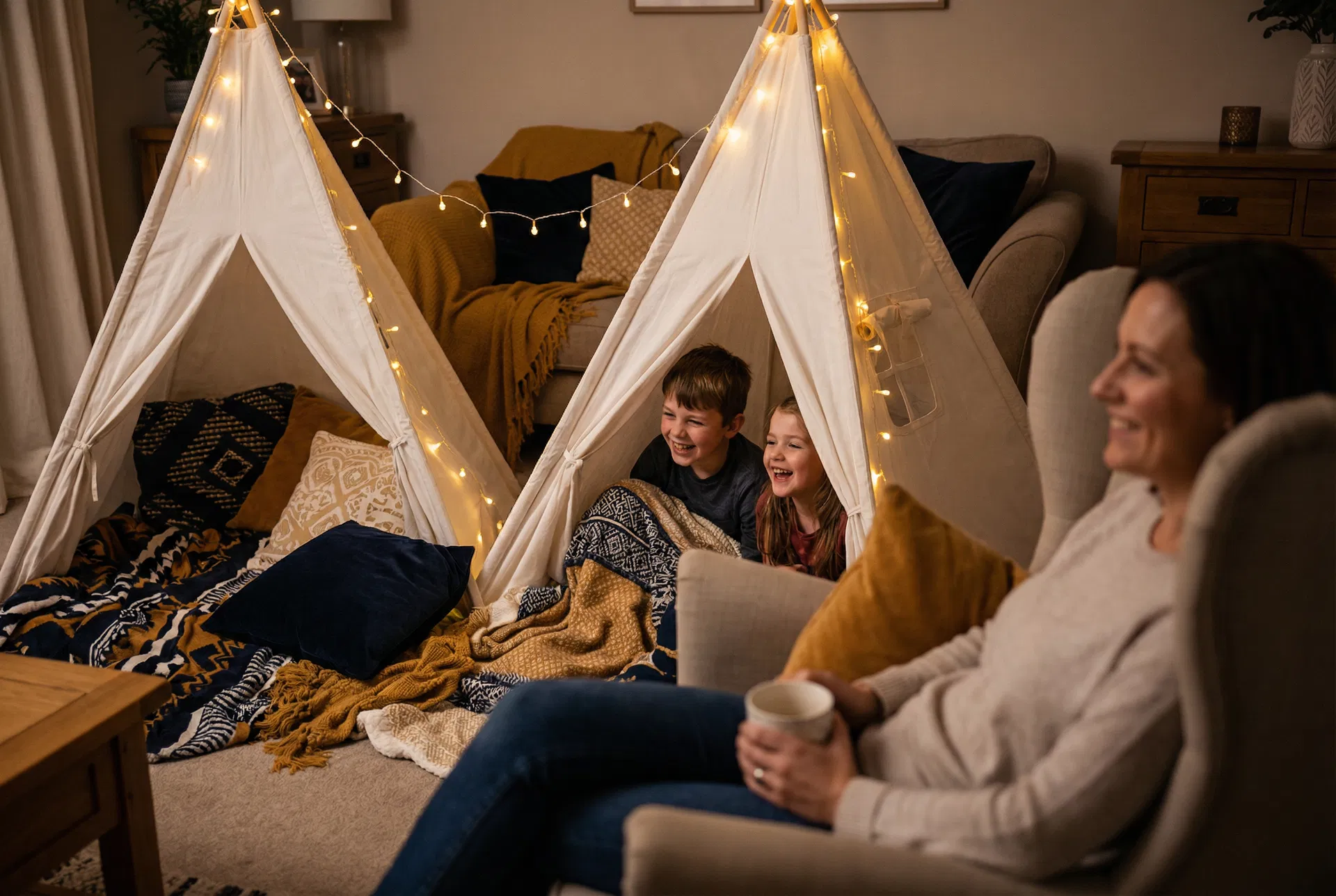 Happy children in teepees with parent