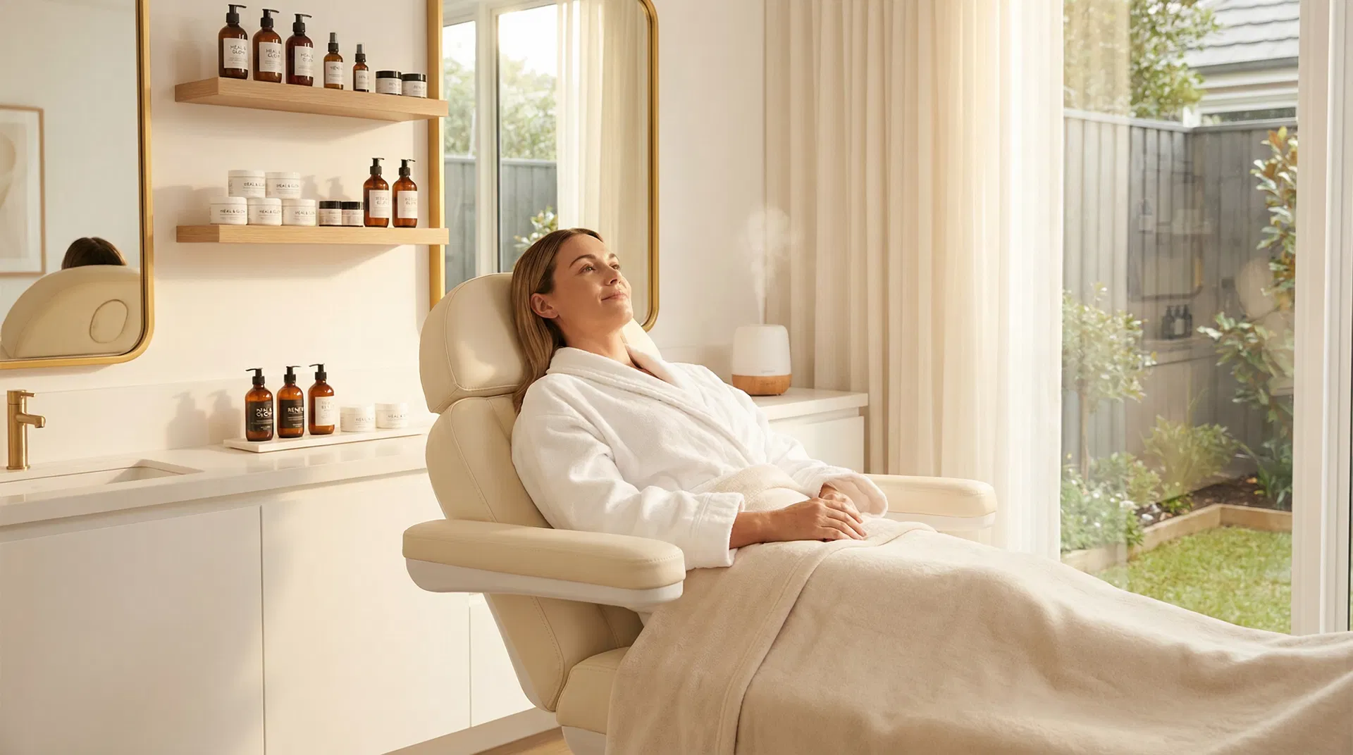 Woman resting in luxury spa treatment chair during erbium laser recovery at Laser and Me NYC