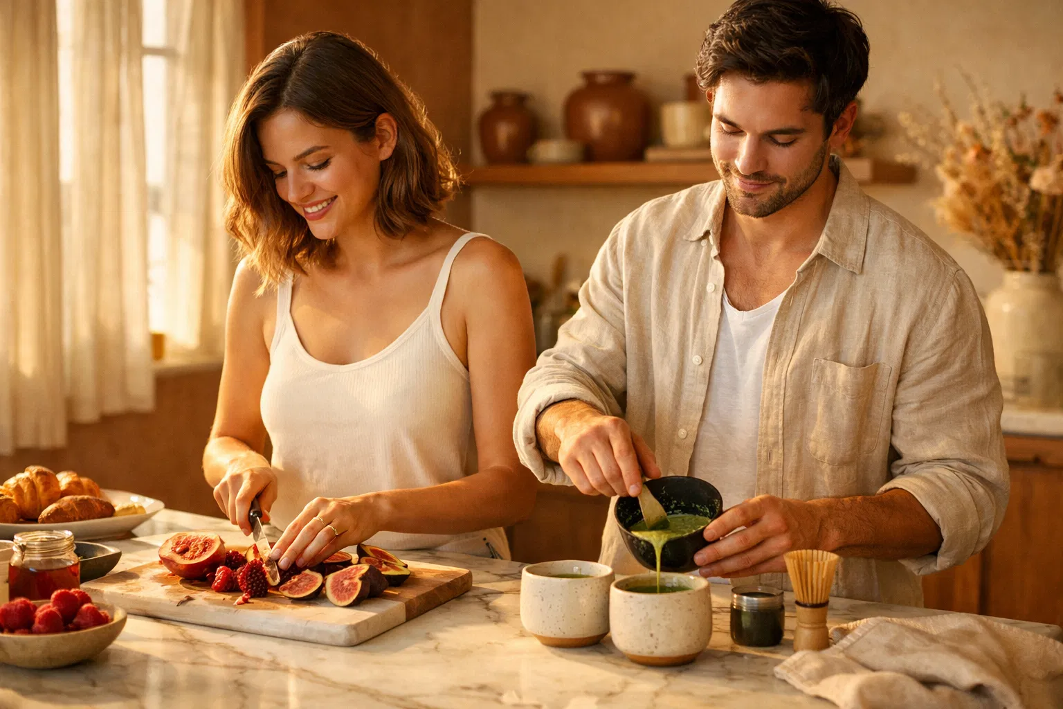 Couple cooking together in a warm kitchen