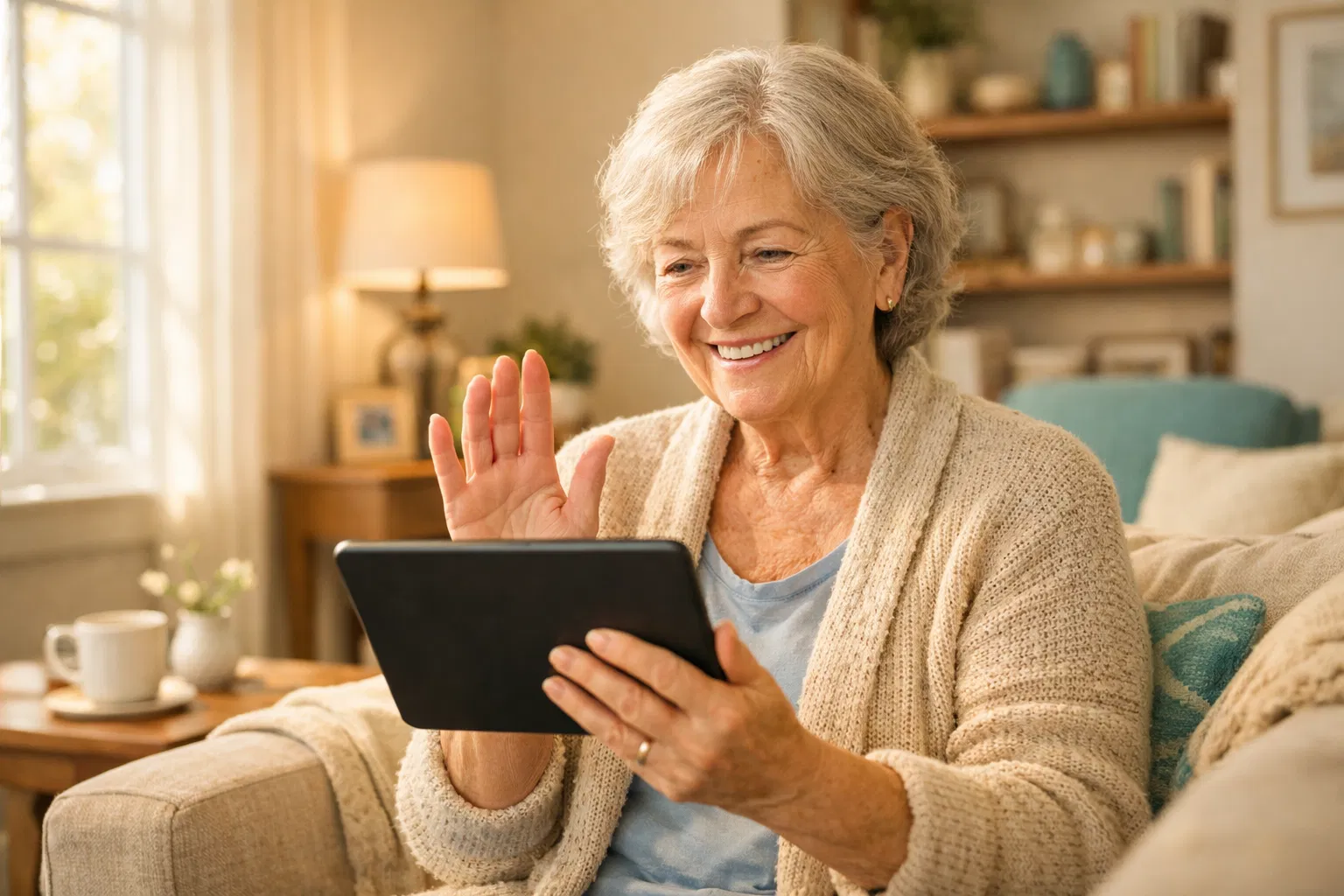 Senior woman enjoying a video therapy session from home