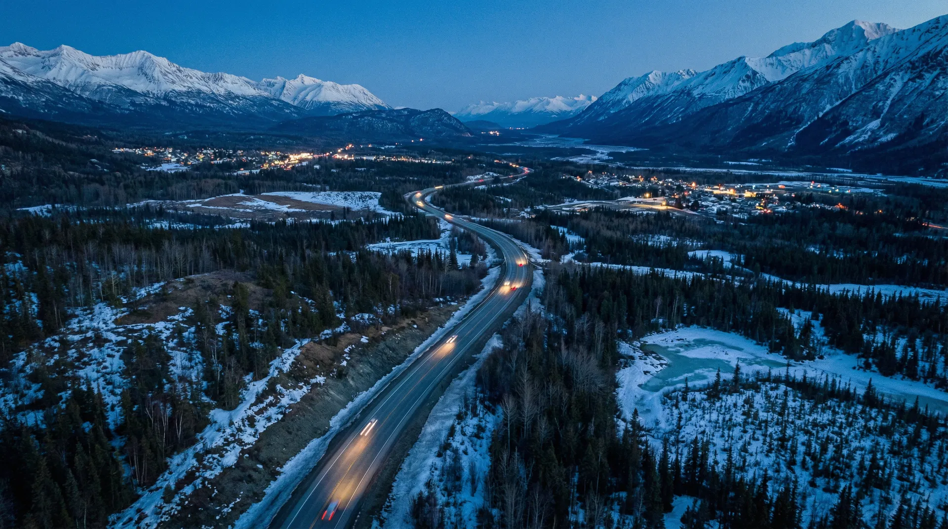 Alaska highway aerial view at twilight