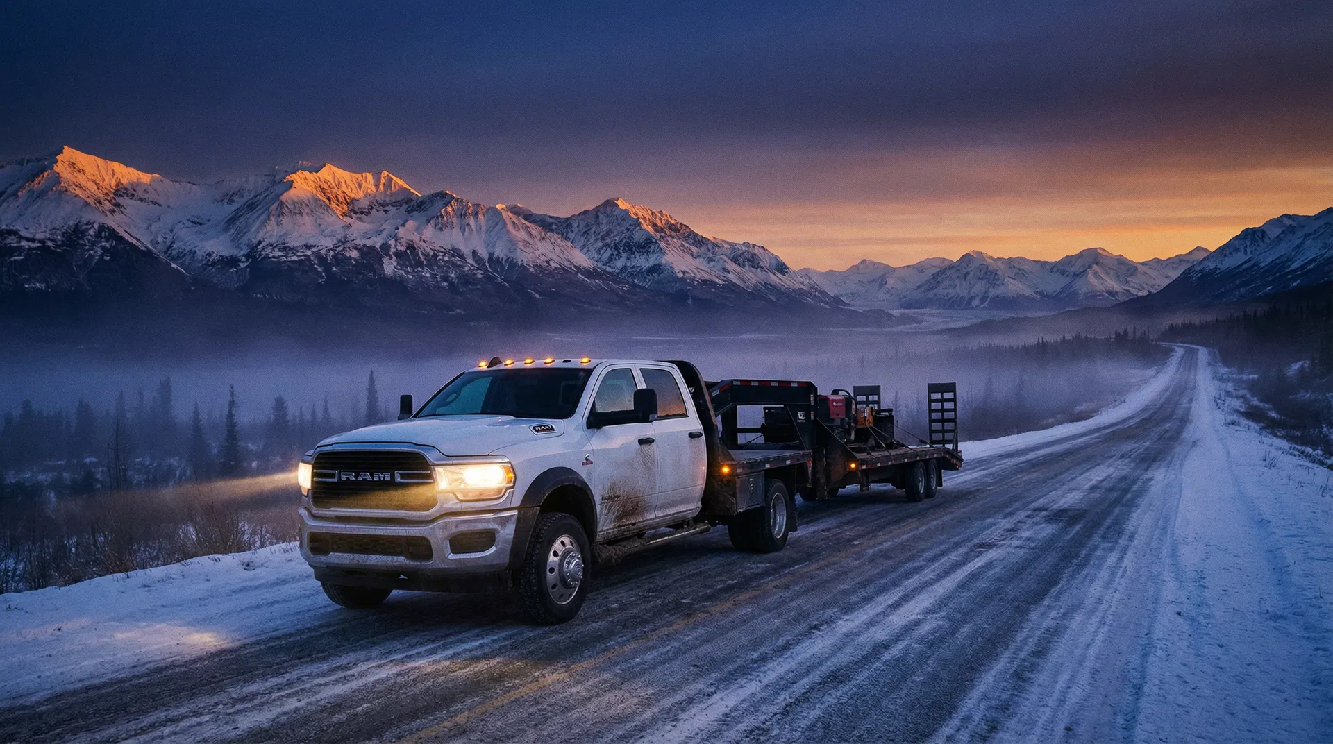 Freight truck on Alaska highway at twilight
