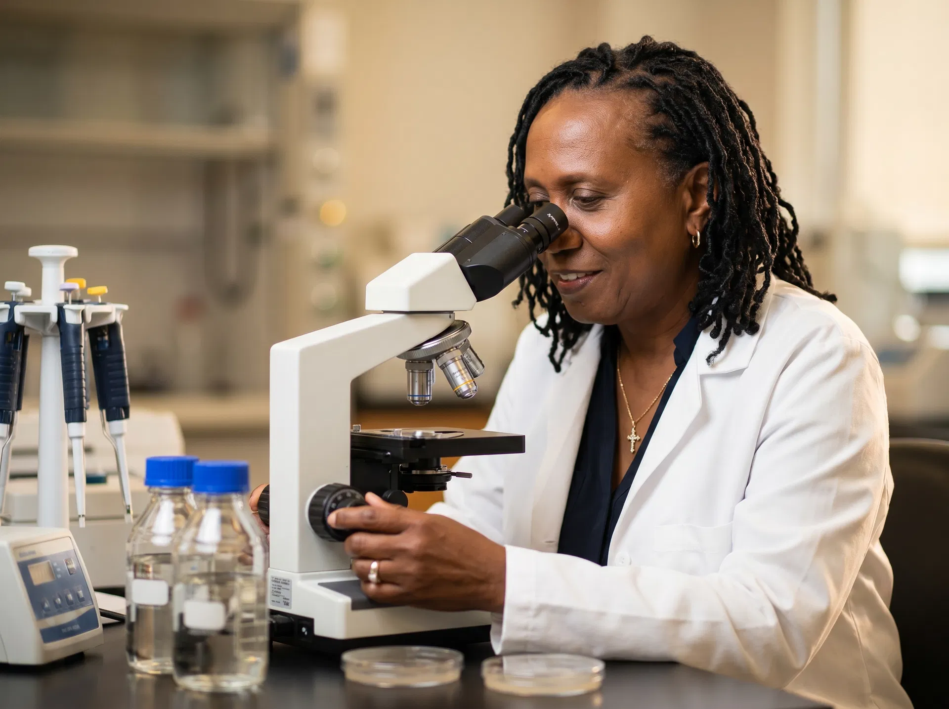 Toni Glymph-Martin analyzing samples in the microbiology laboratory