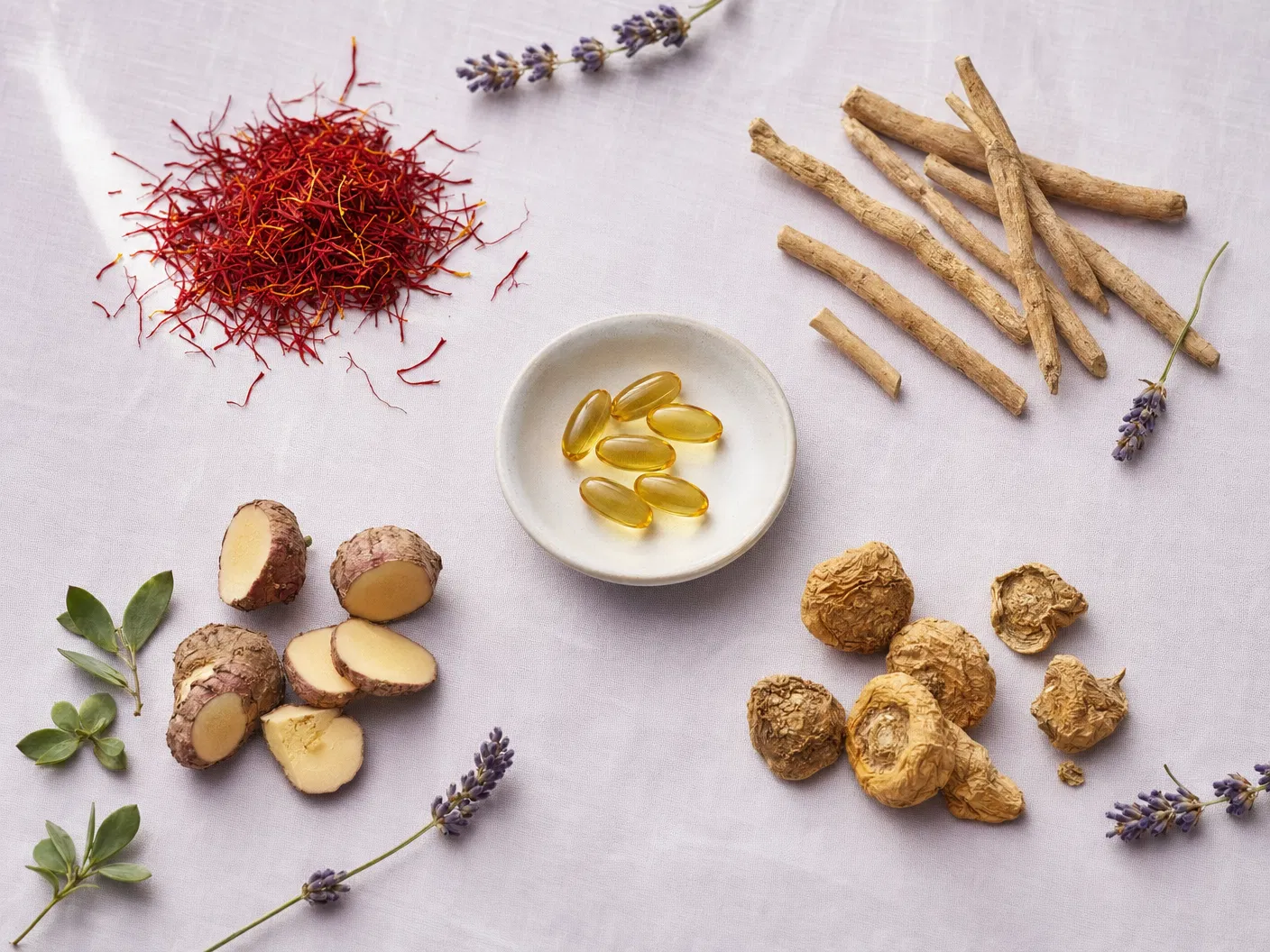 Saffron threads, ashwagandha root, rhodiola, maca, and vitamin D softgels arranged on linen