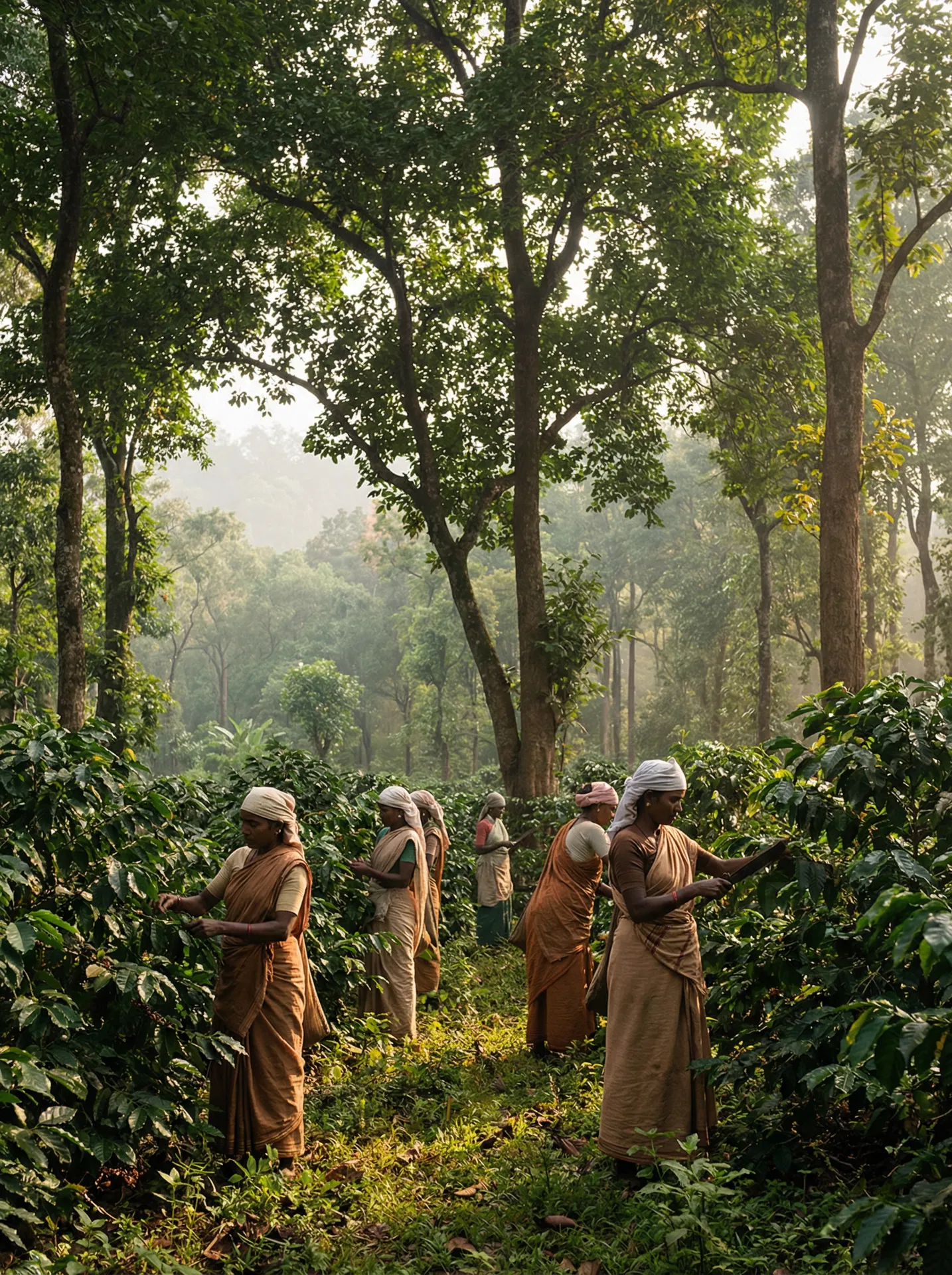 Farmers working in shade-grown coffee fields of Araku Valley
