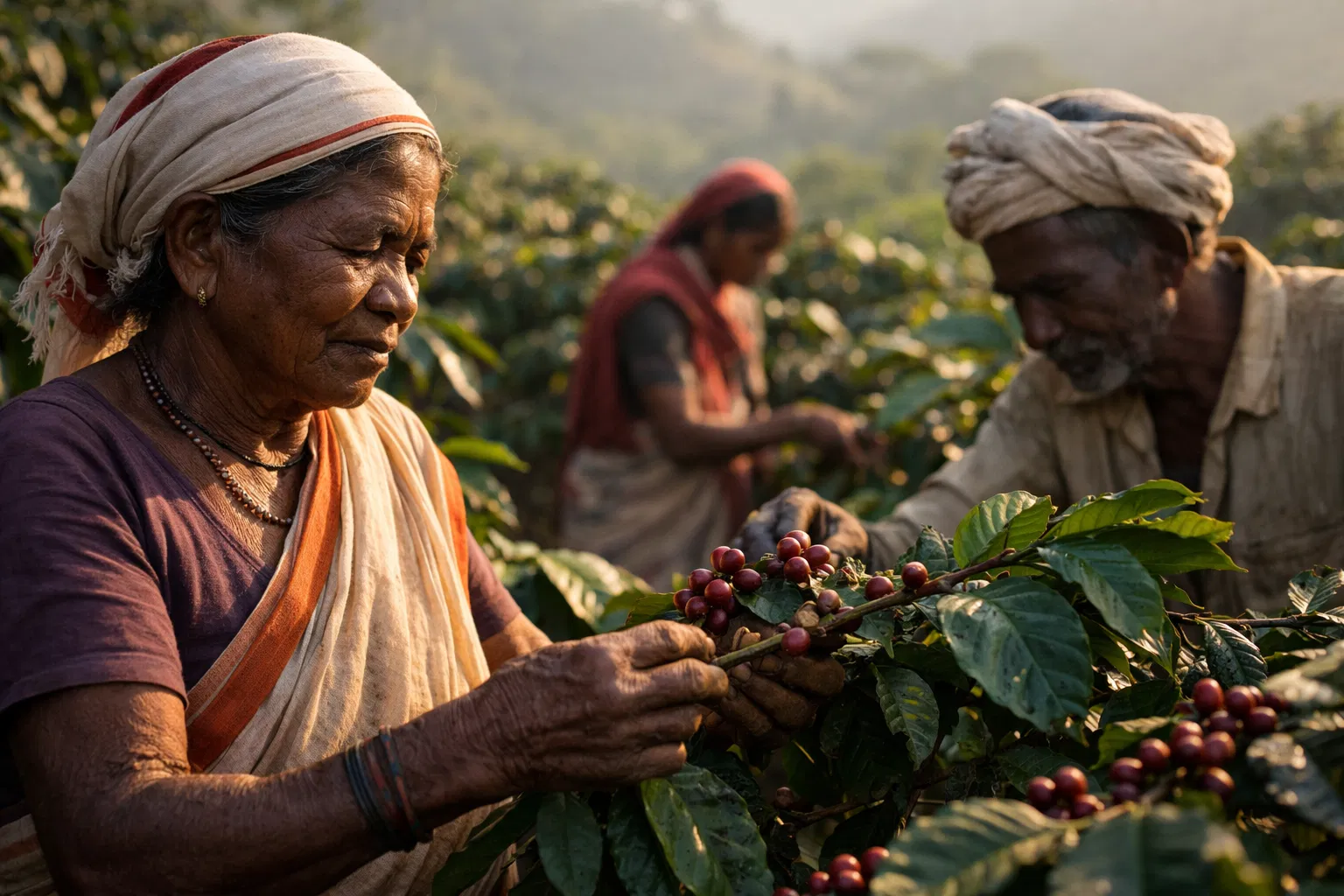 Indigenous farmers harvesting coffee cherries