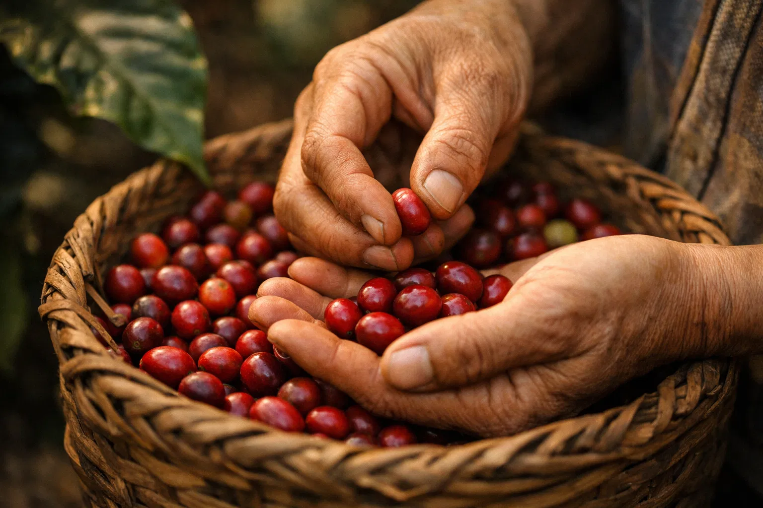 Hands carefully handling and selecting coffee cherries