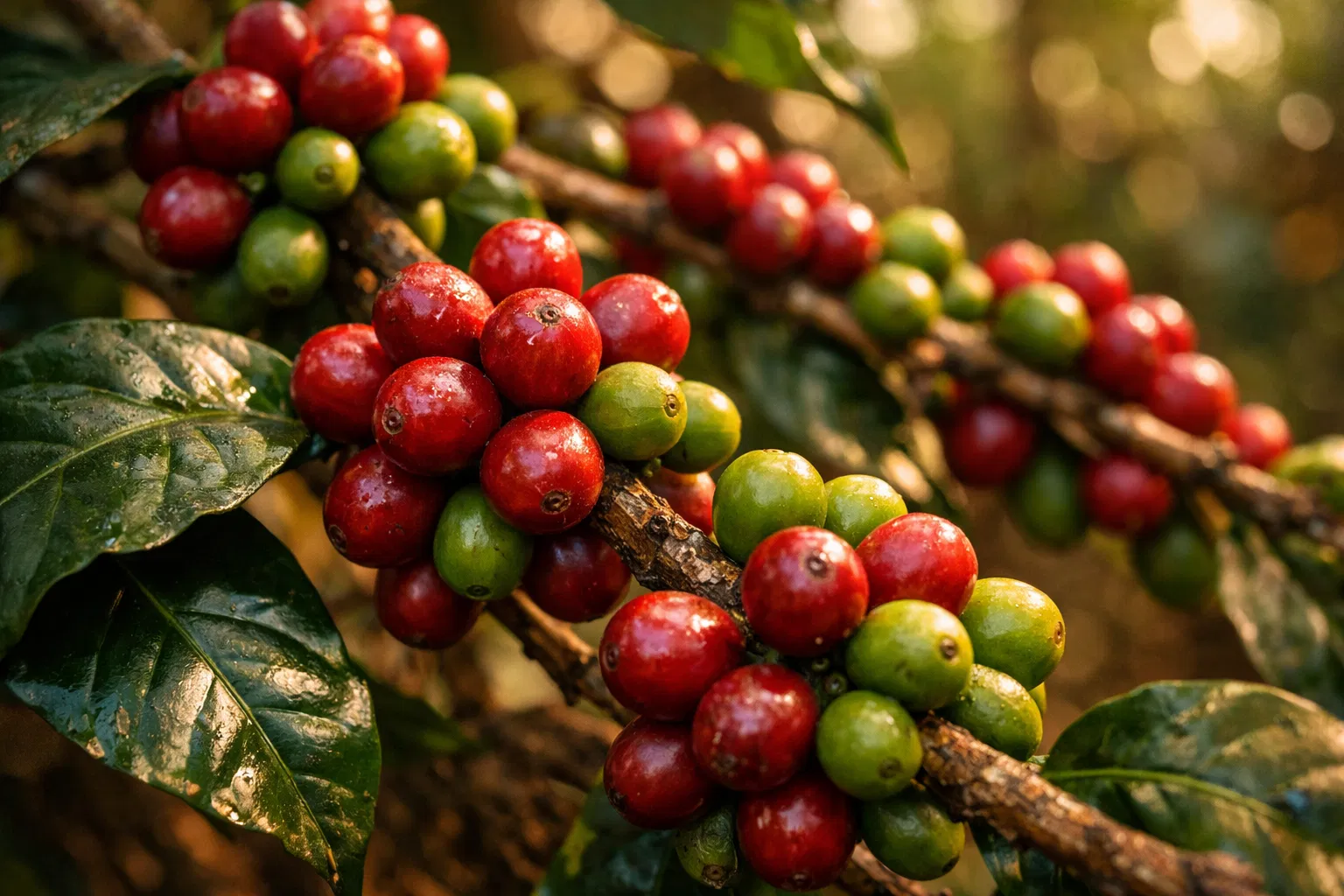 Coffee cherries ripening on branches in forest environment