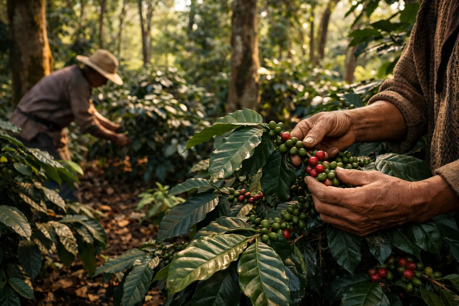 Coffee plants being grown with care in forest environment