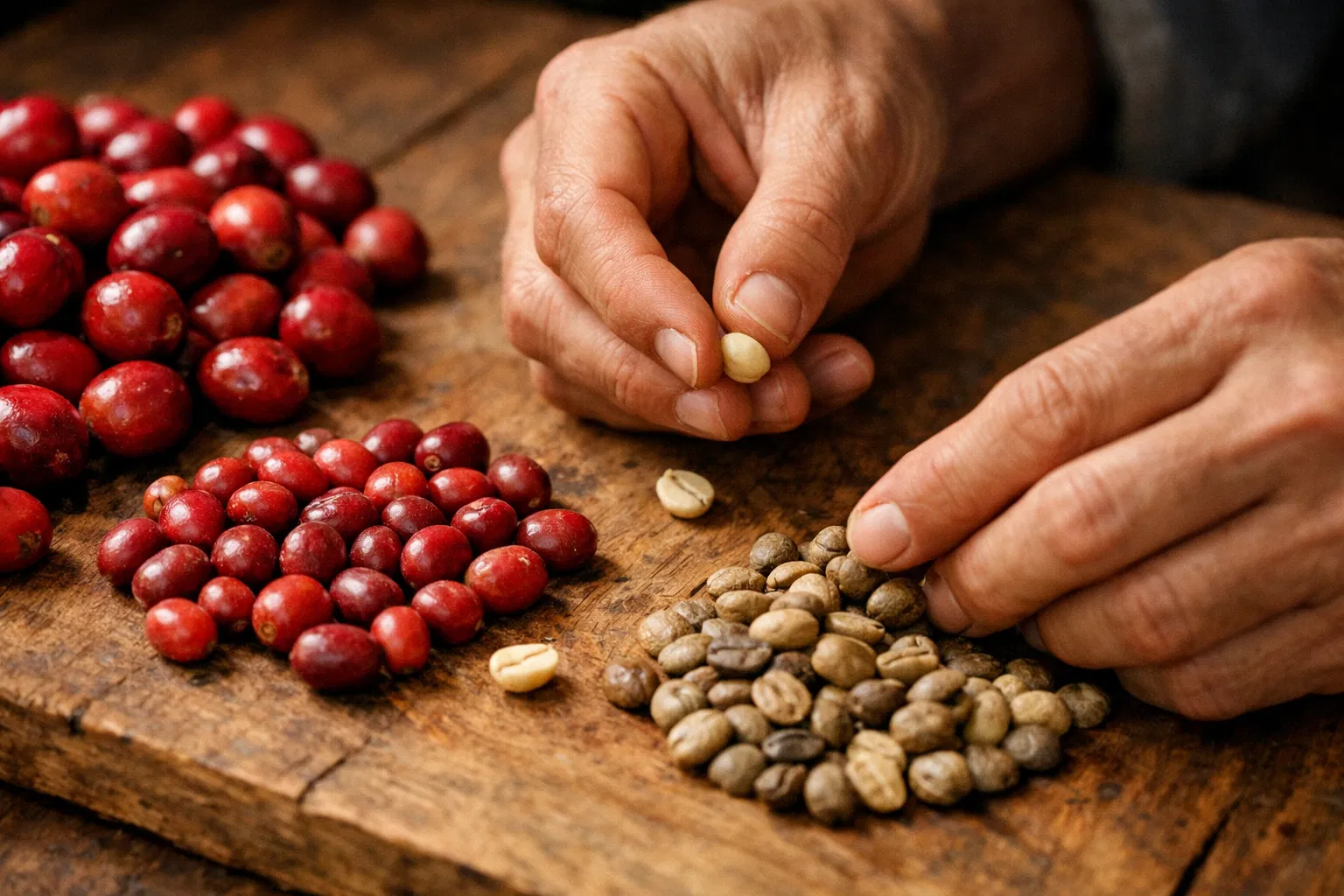 Hands carefully sorting coffee beans and cherries