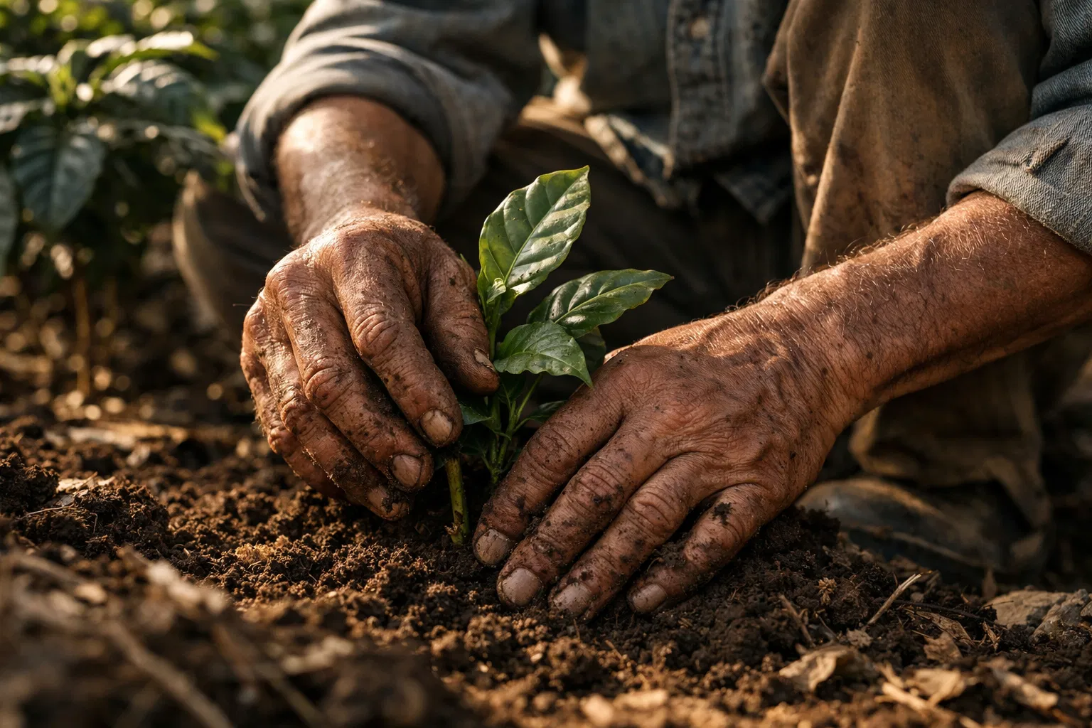 Farmer's hands with coffee plant