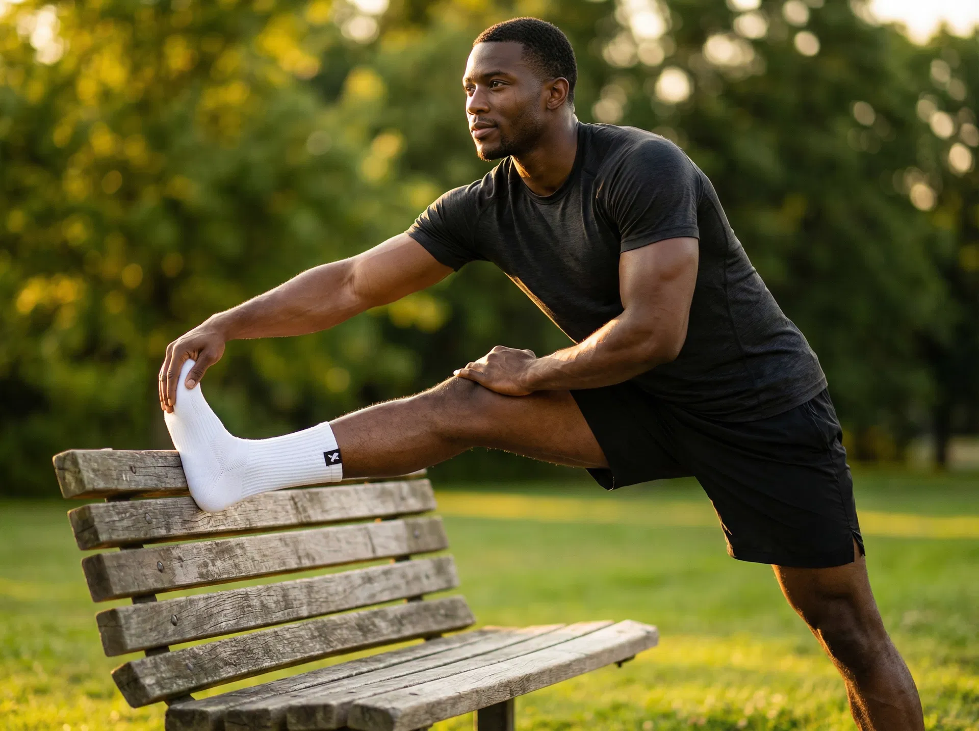 Athlete stretching outdoors