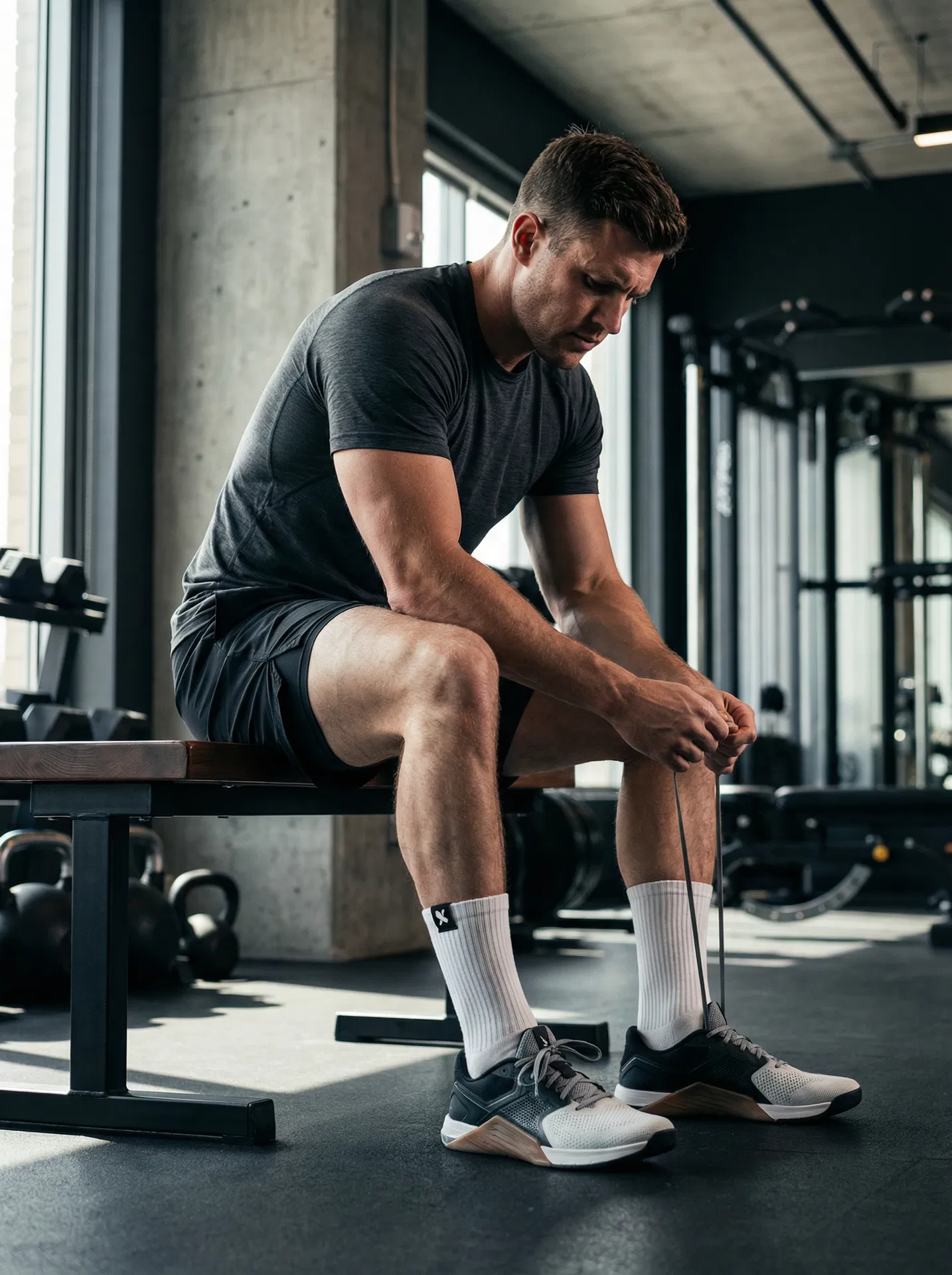 Athlete tying Wilexen socks in gym