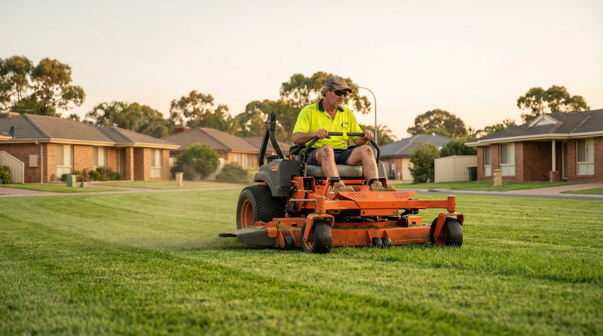 Commercial lawn mower operator on a zero-turn mower