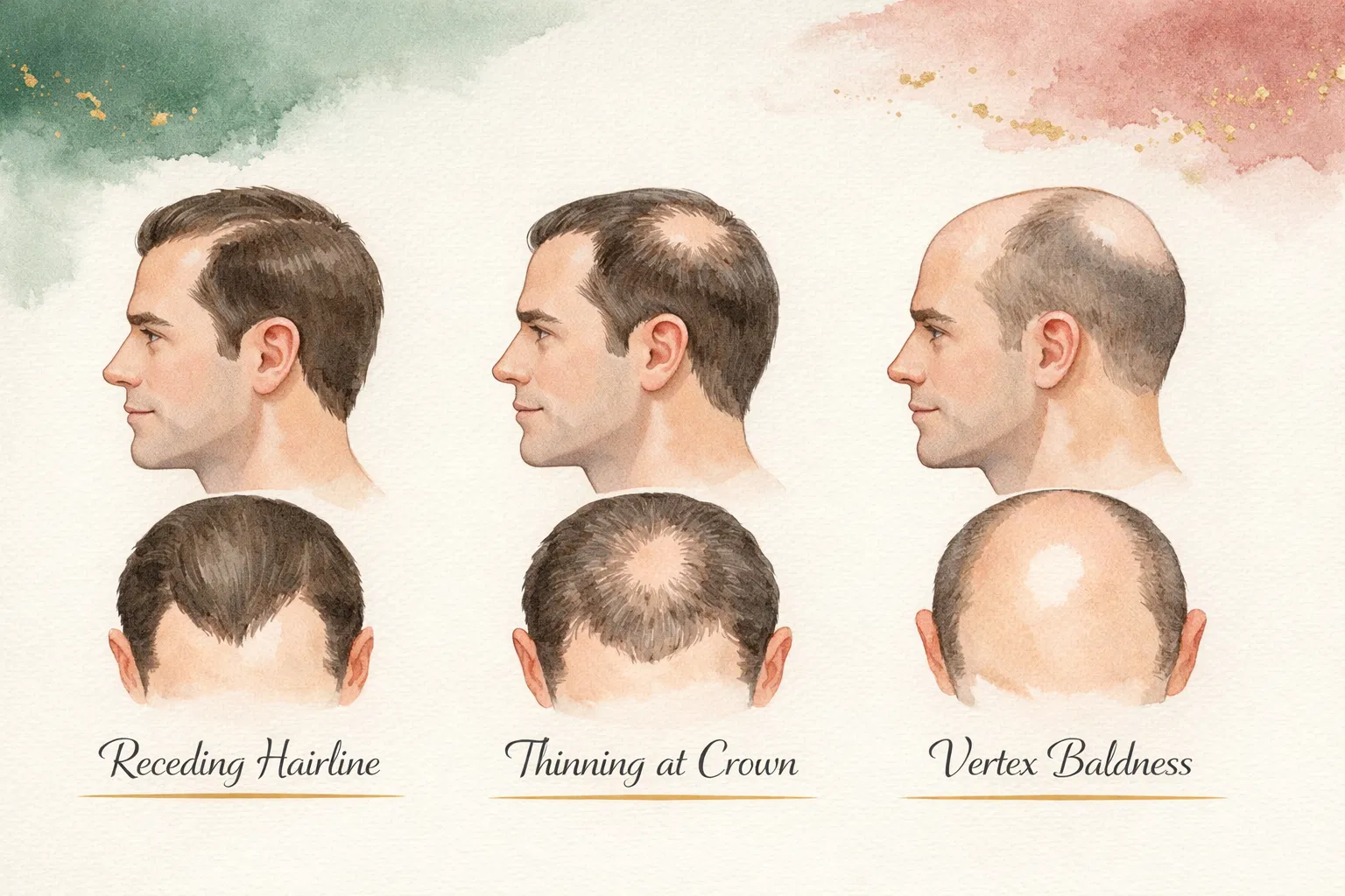 Male Pattern Hair Loss Progression - Receding Hairline, Crown Thinning, Vertex Baldness