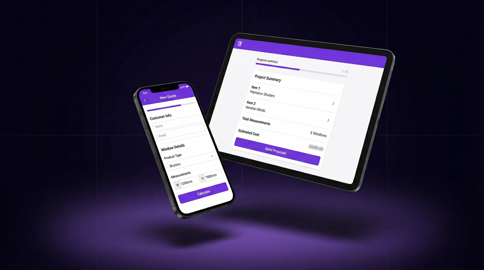 ShutQuote app showing a new quote being created on a smartphone and tablet