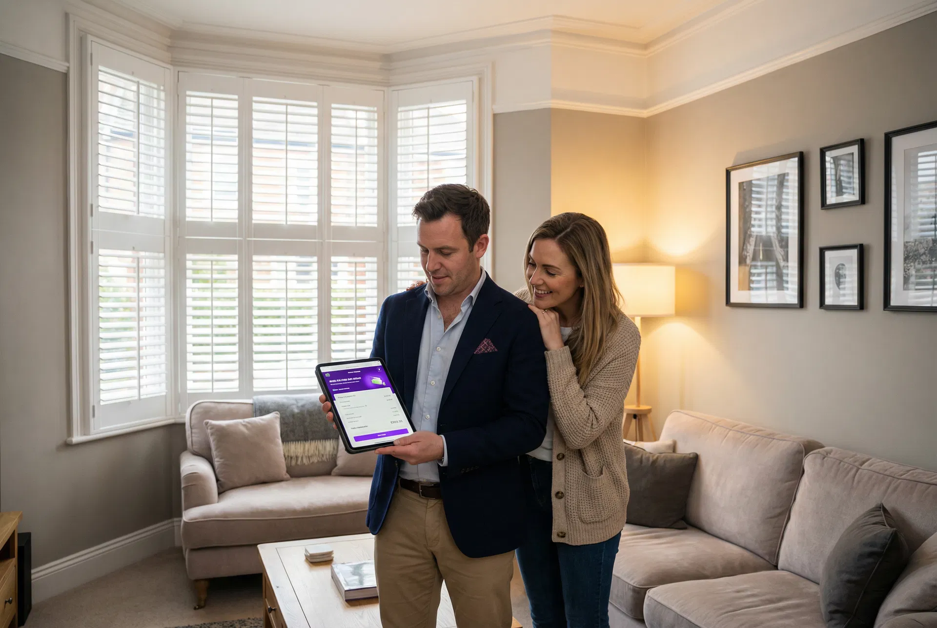 Shutter installer showing a professional quote on a tablet to a homeowner in their living room