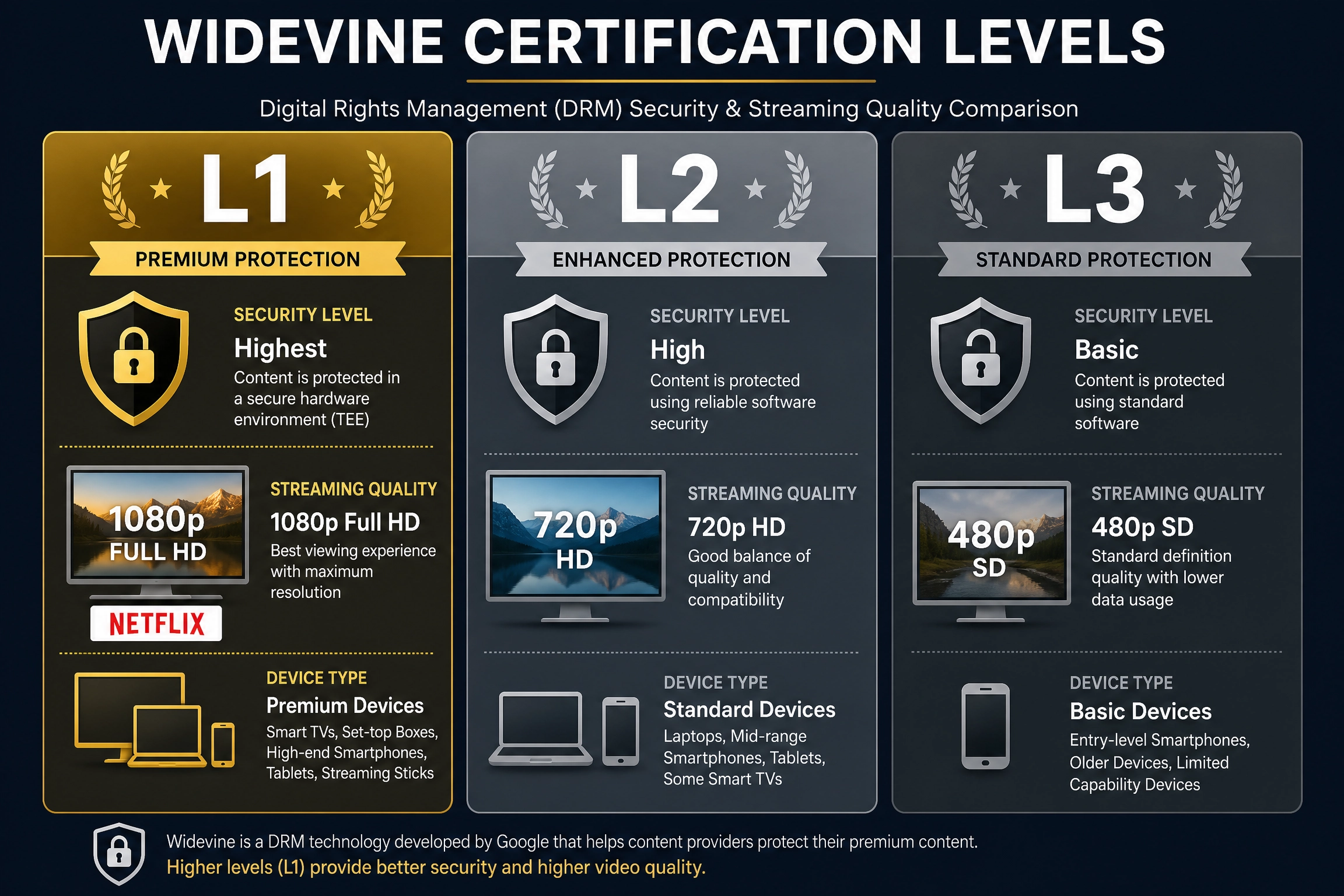 Widevine L1 L2 L3 certification levels comparison - DRM security and streaming quality