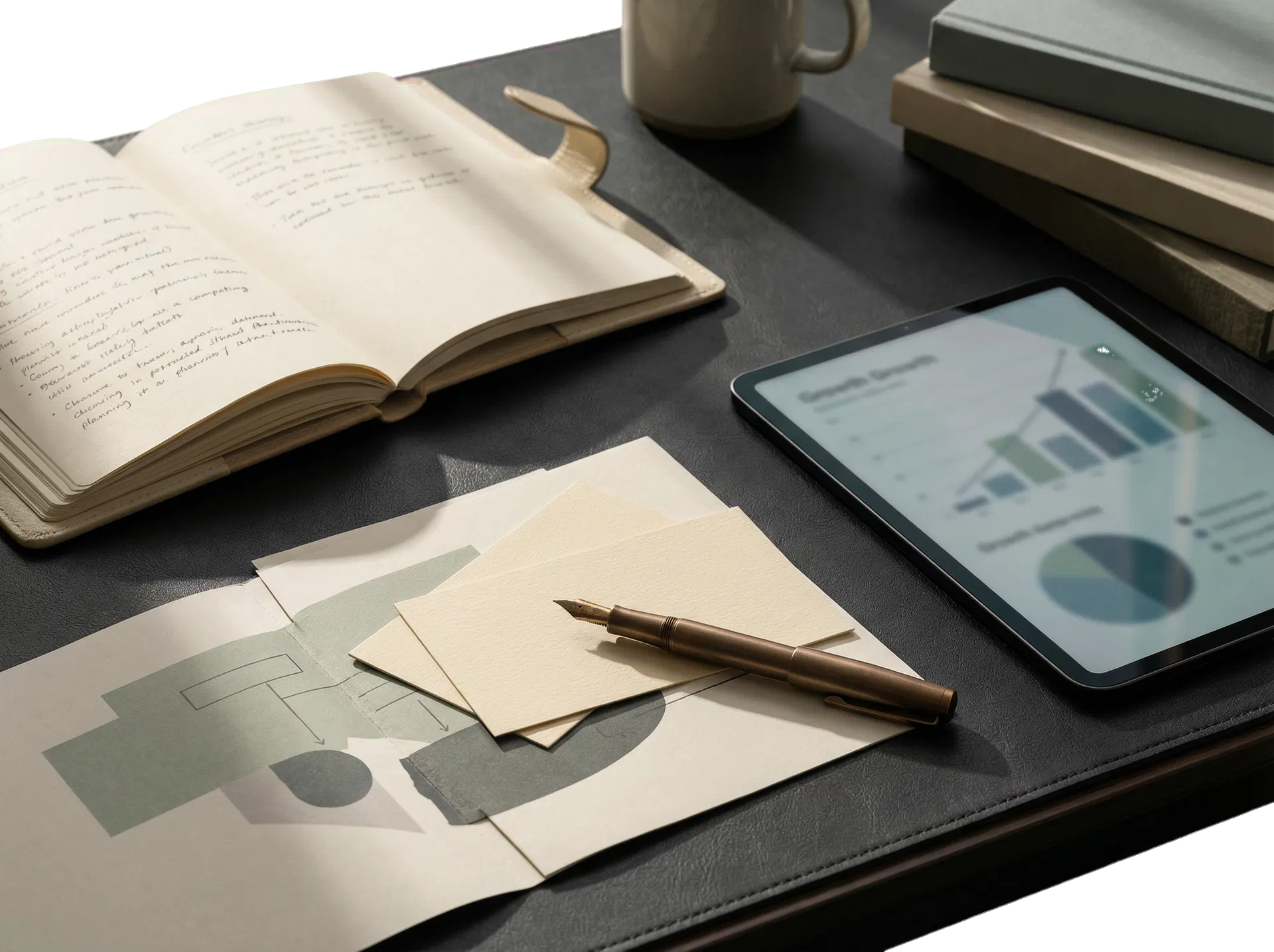 Curated strategic workspace representing founder-level clarity and advisory discipline