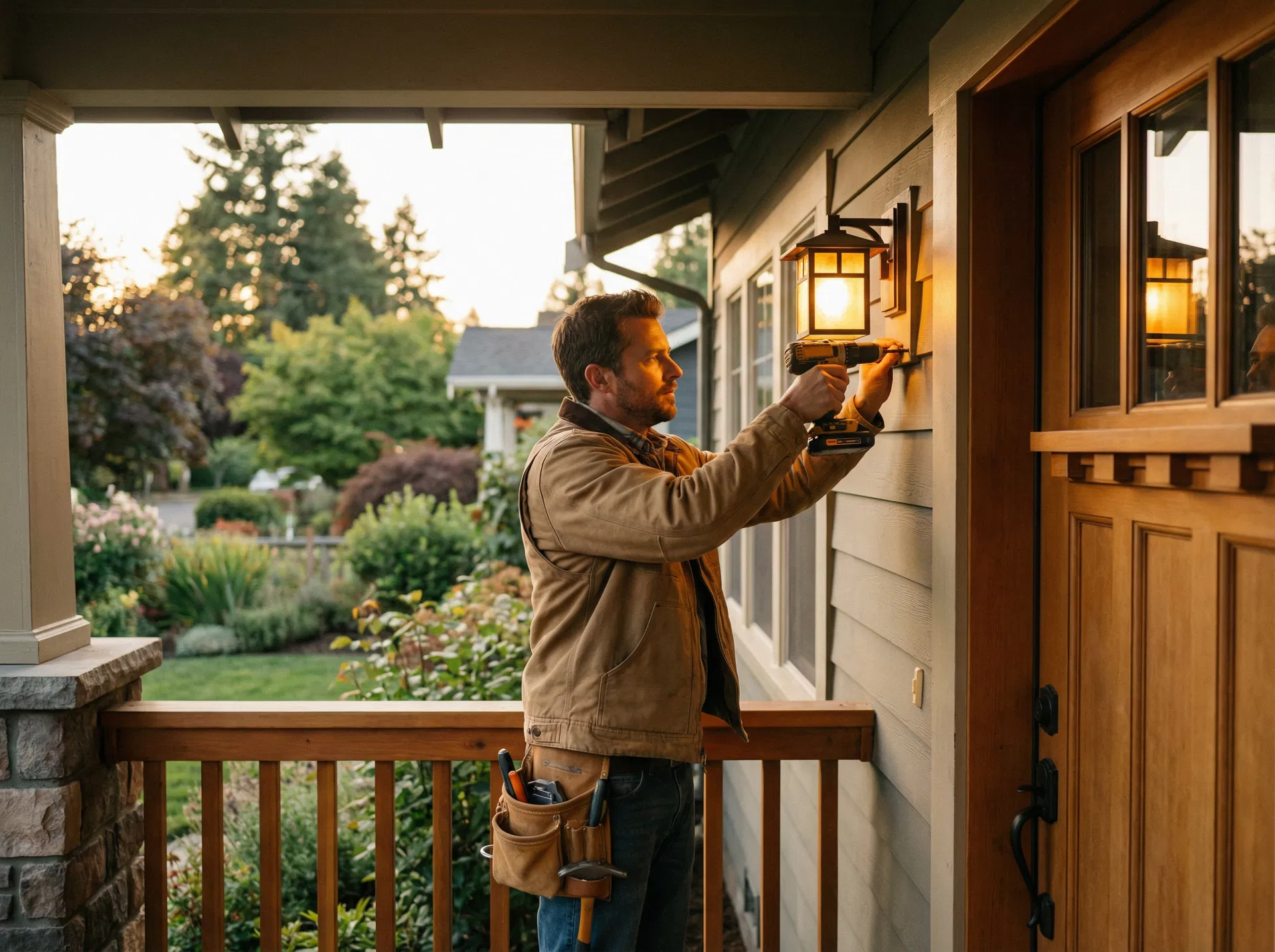 Handyman installing outdoor lighting on a home porch