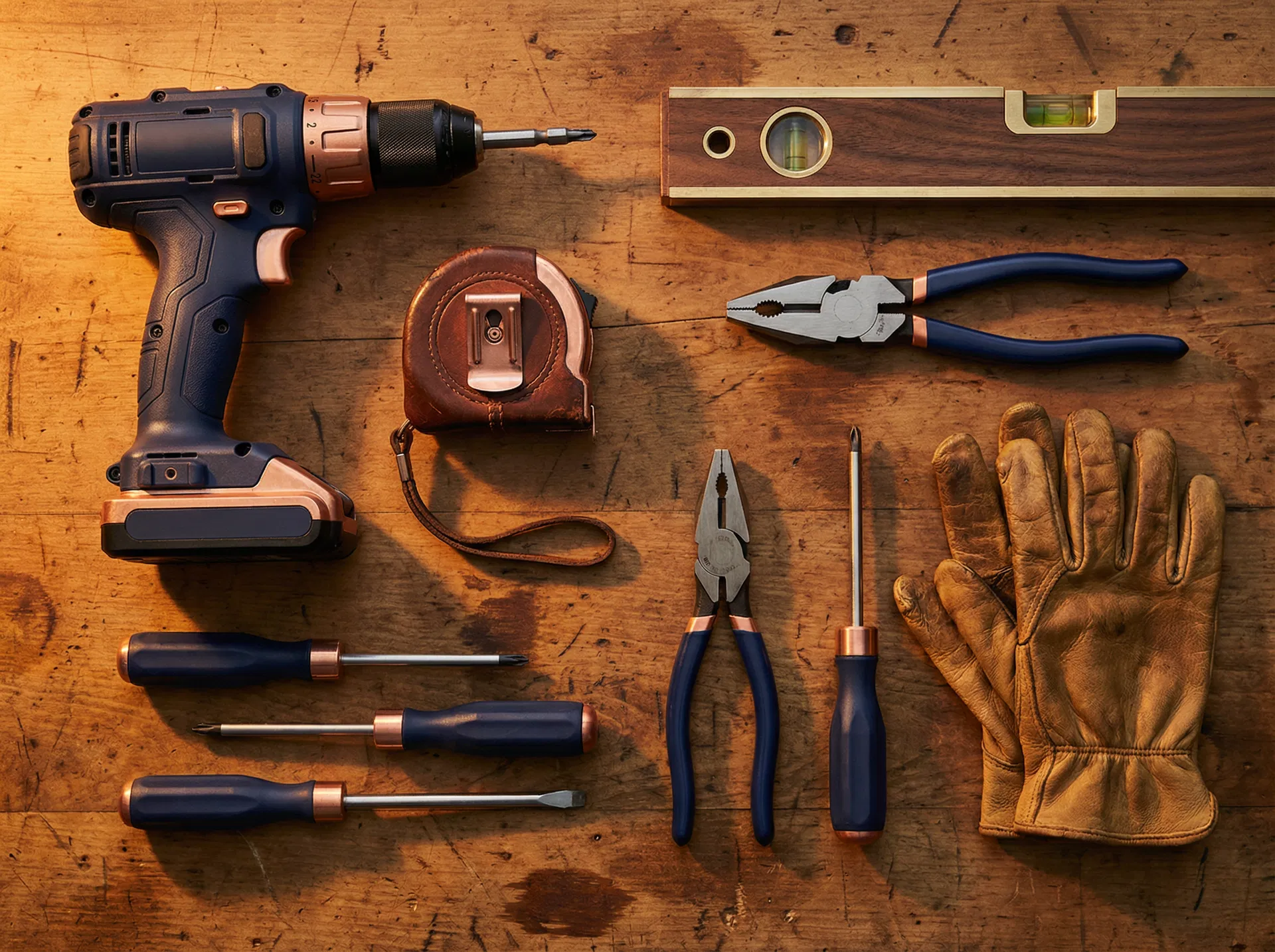 Professional handyman tools on a workbench