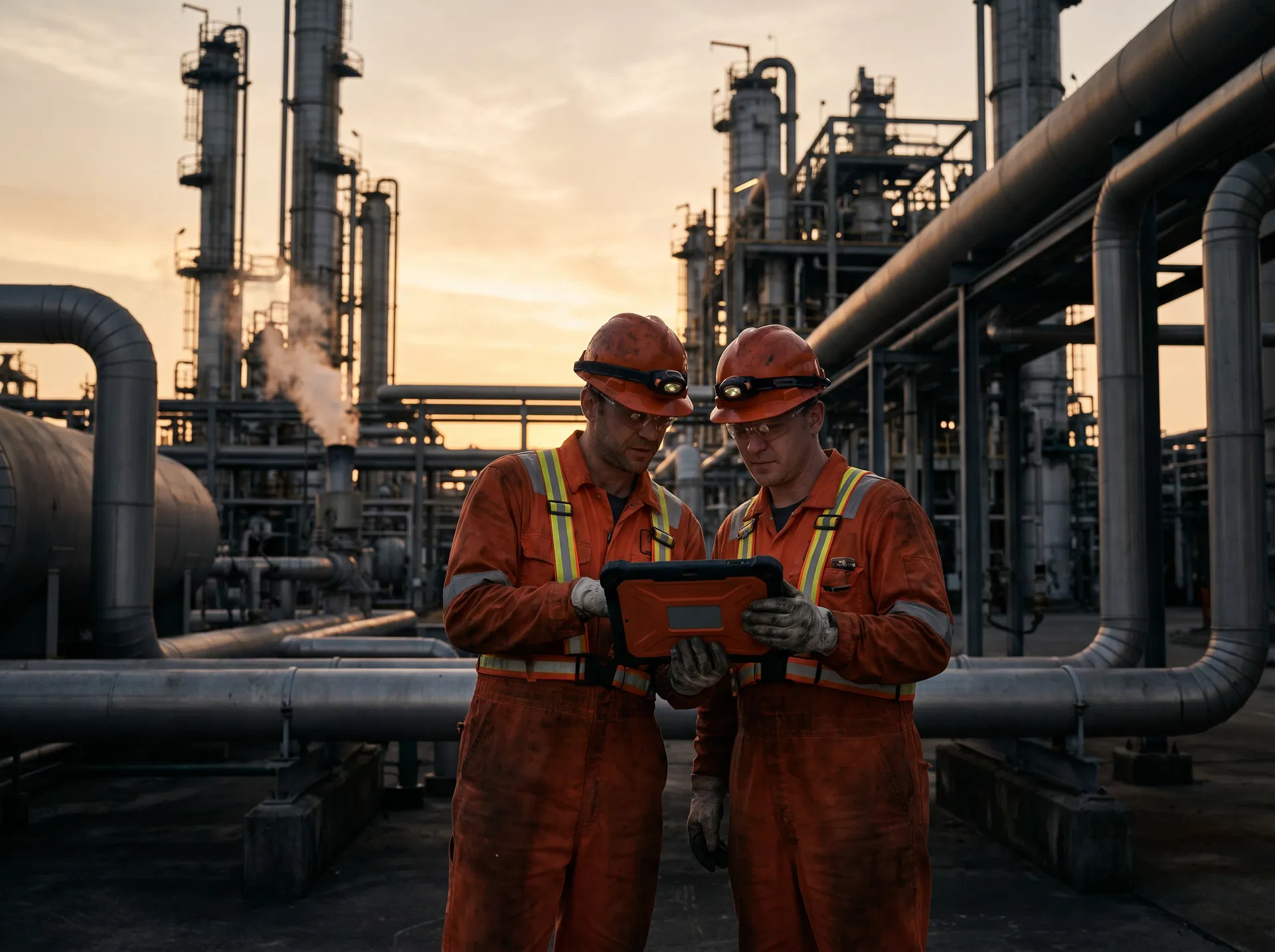 Industrial workers with explosion-proof tablet