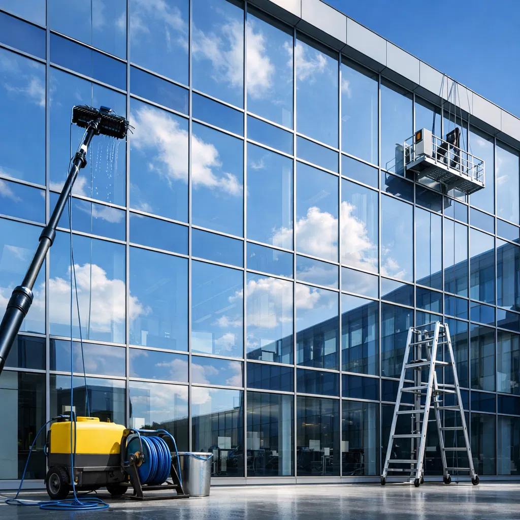 Professional commercial window cleaning on a modern office building